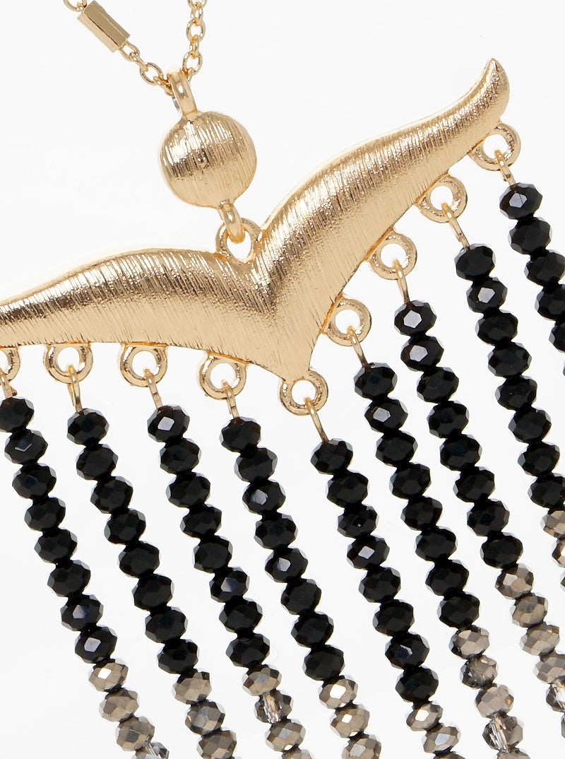 Mustachelike Brushed Metal With Faceted Glass Bead Tassel Drop Pendant Long Necklace