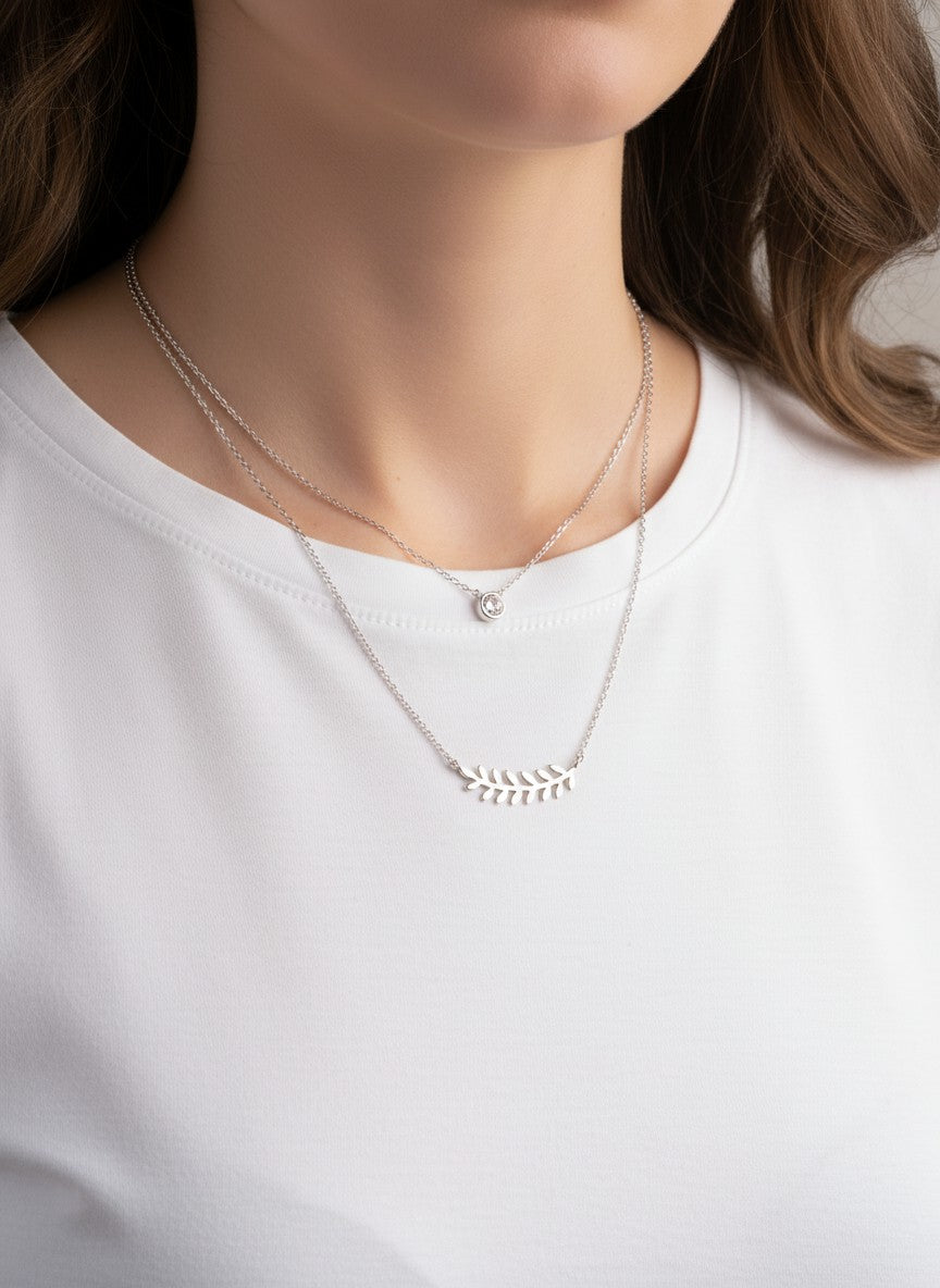 CZ Sideways Leaf 18K-Gold-Dipped Layered Necklace