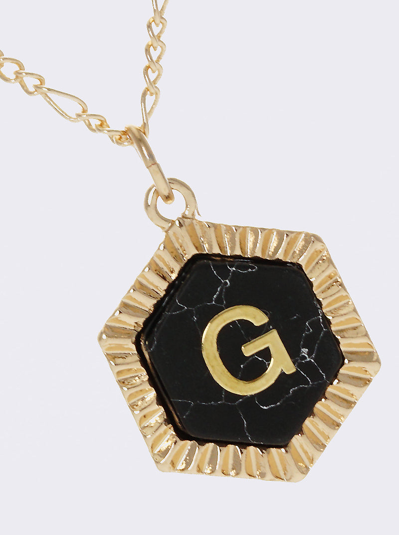NATURAL STONE HEXAGON PENDANT INITIAL G NECKLACE