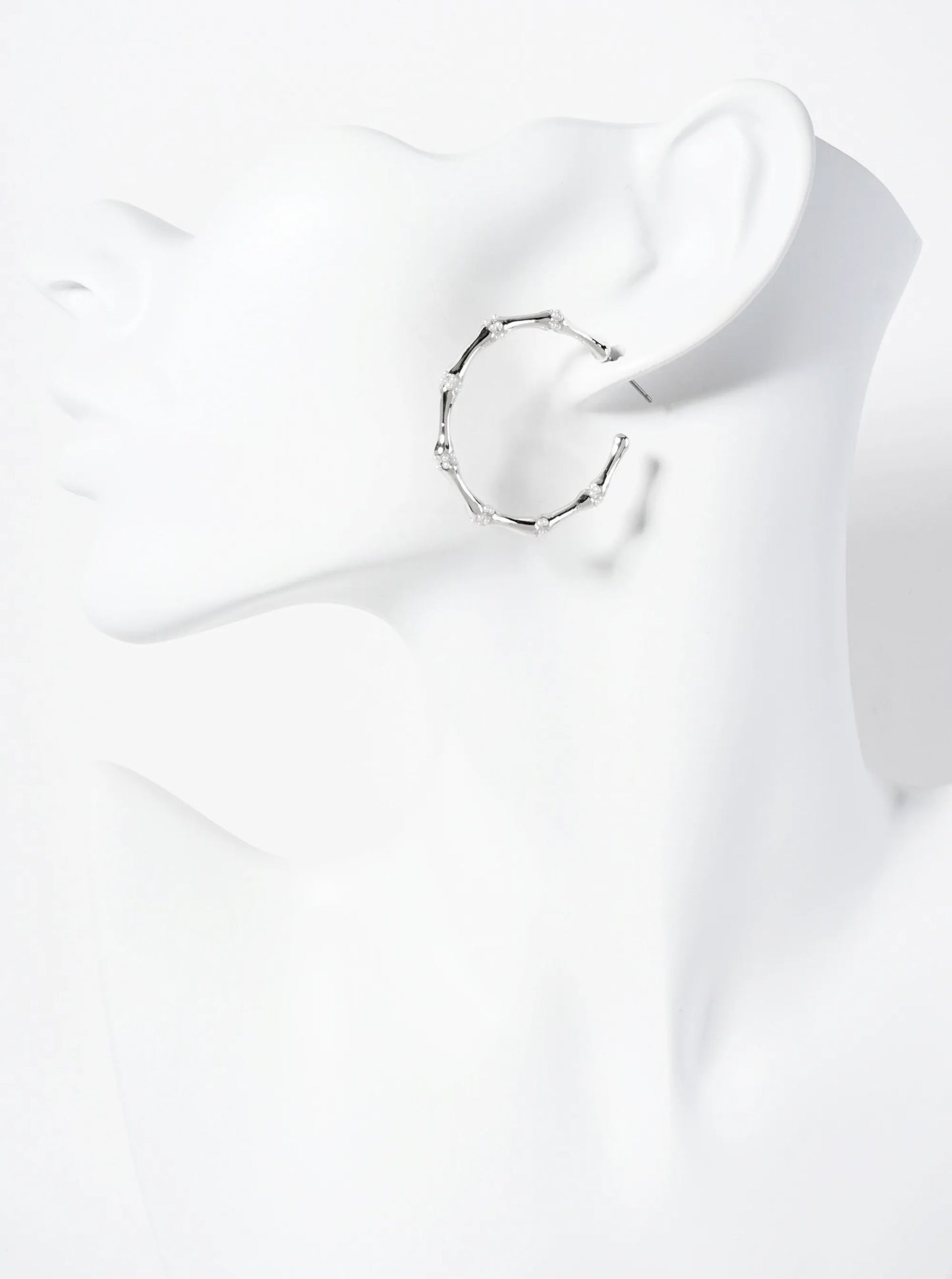 Nature-theme 35mm Bamboo Hoop Earrings With Small Pearl-accents