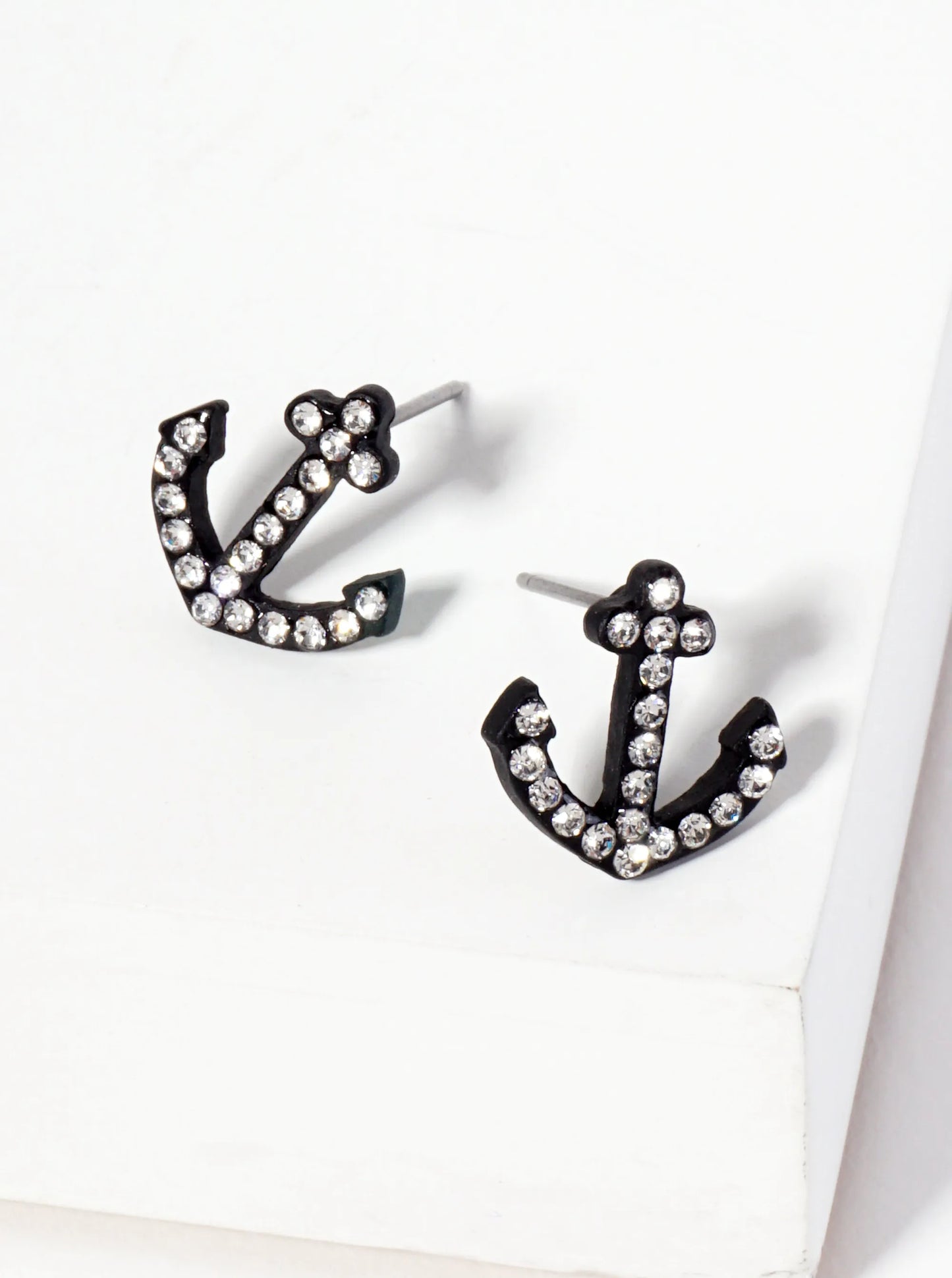 Nautical-Theme Crystal-Pave Anchor Stud Earrings