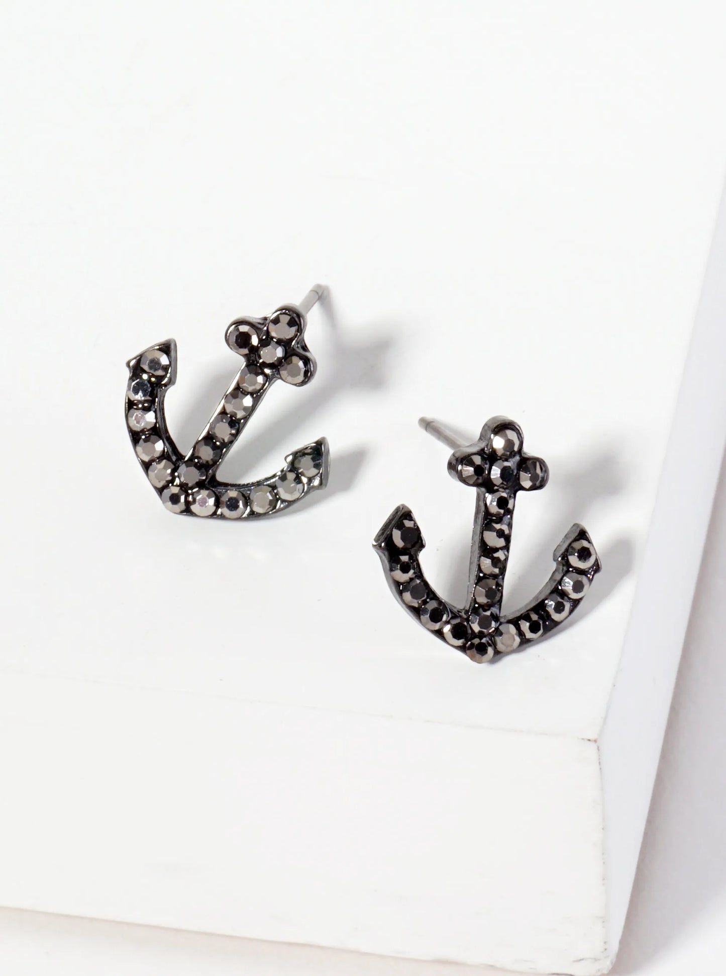 Nautical-Theme Crystal-Pave Anchor Stud Earrings