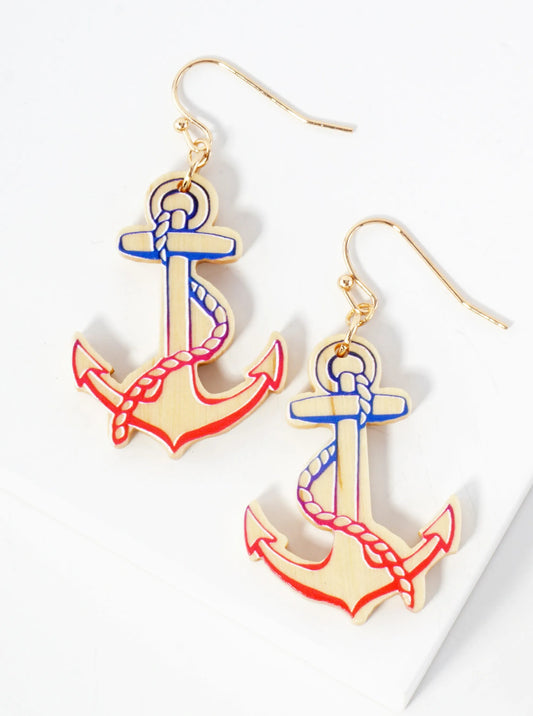 Nautical-Theme Laser-Cut Wood Anchor Dangle Drop Earrings