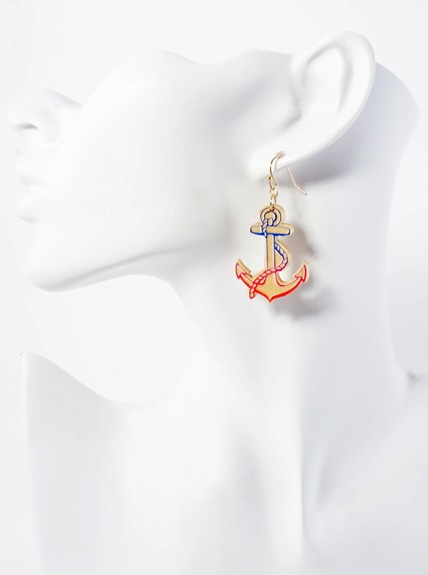 Nautical-Theme Laser-Cut Wood Anchor Dangle Drop Earrings