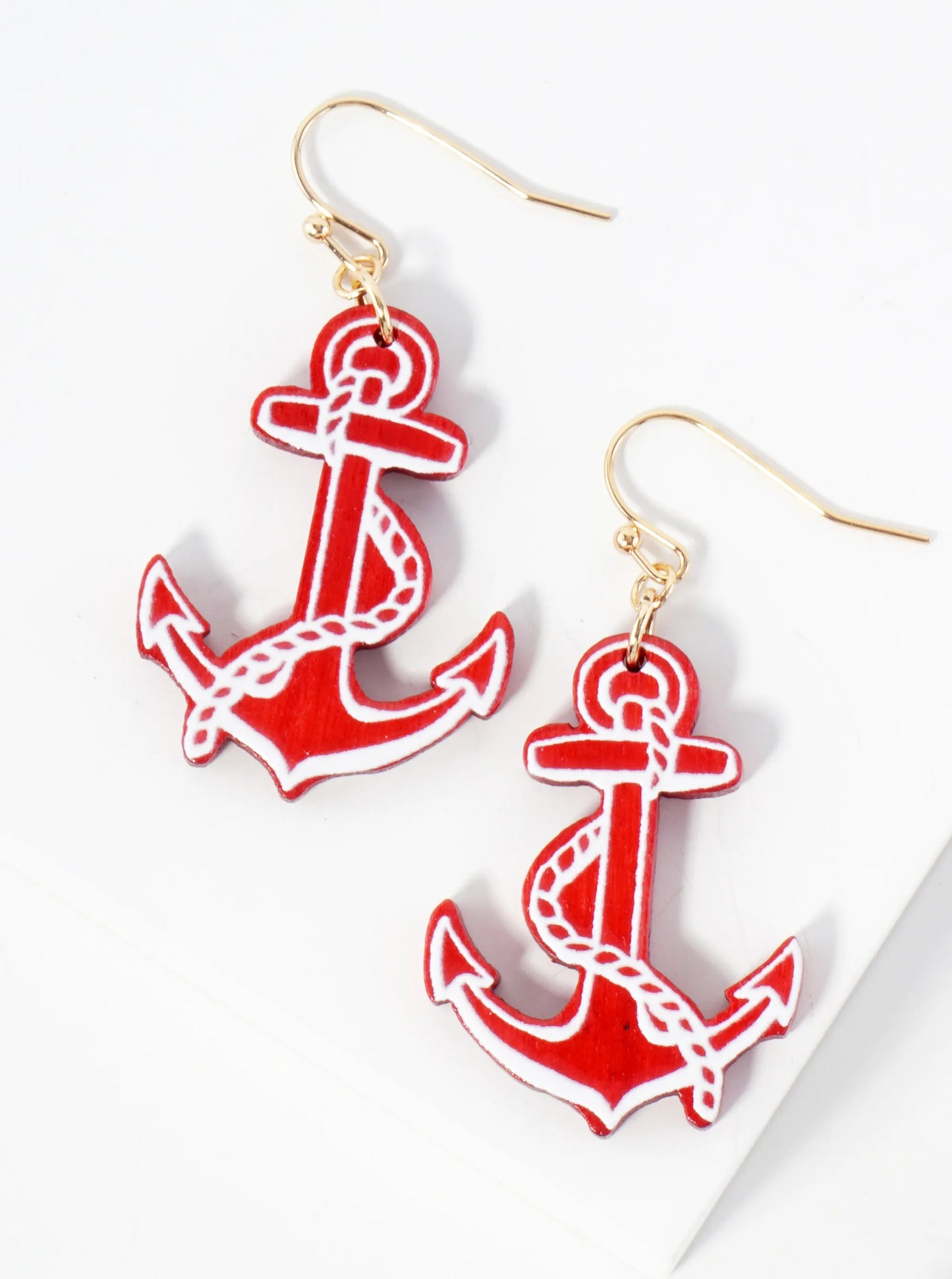 Nautical-Theme Laser-Cut Wood Anchor Dangle Drop Earrings