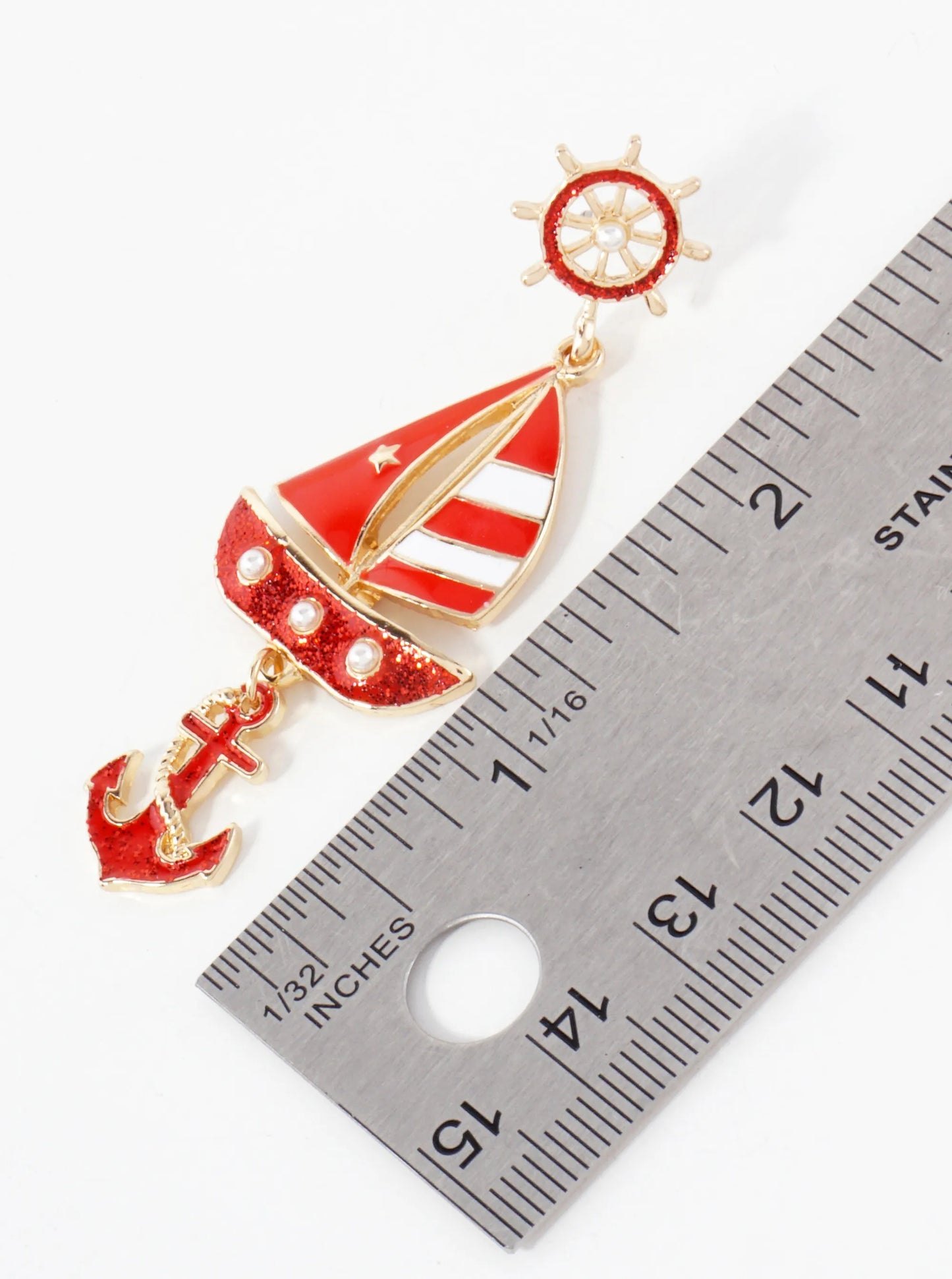 Nautical-Theme Pearl Beaded Anchor Boat Drop Wheel Post Statement Earrings