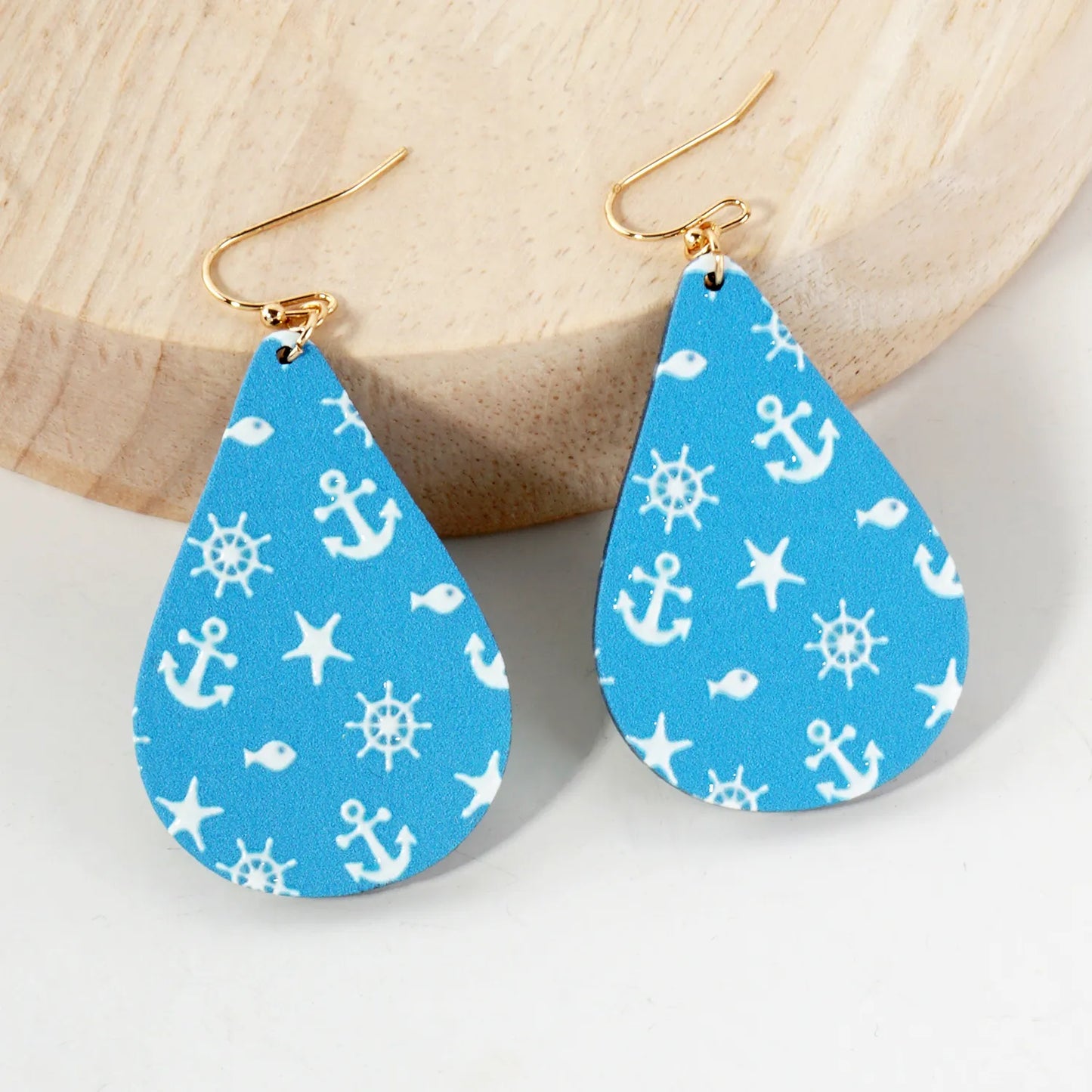 Nautical-Theme Printed Wood Teardrop Dangle Earrings