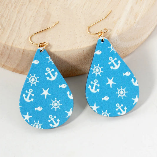 Nautical-Theme Printed Wood Teardrop Dangle Earrings