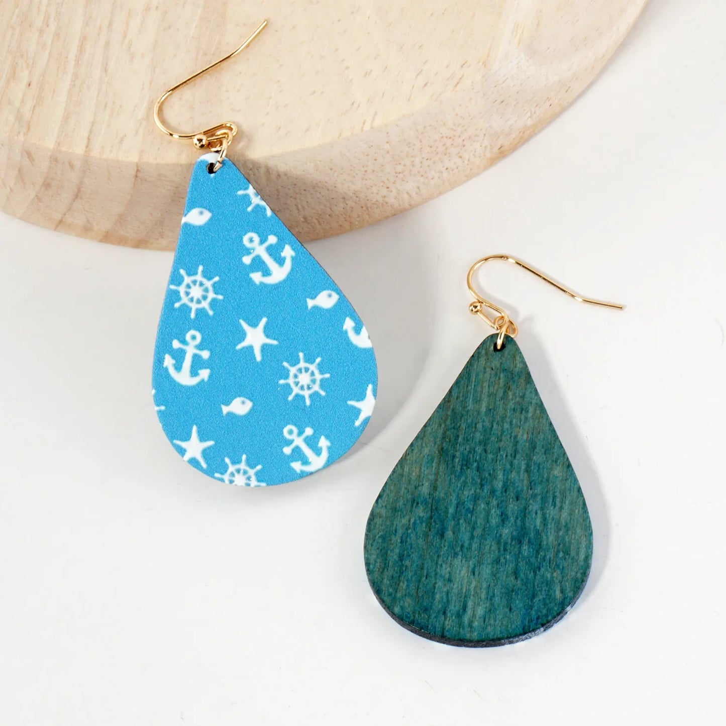 Nautical-Theme Printed Wood Teardrop Dangle Earrings