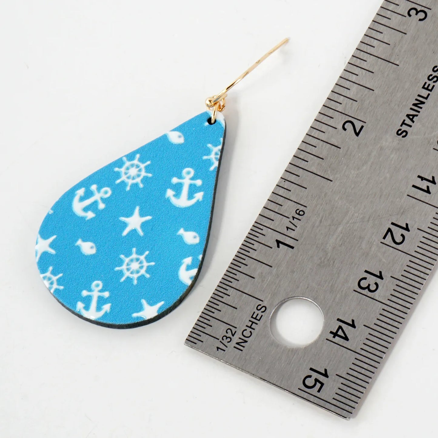 Nautical-Theme Printed Wood Teardrop Dangle Earrings