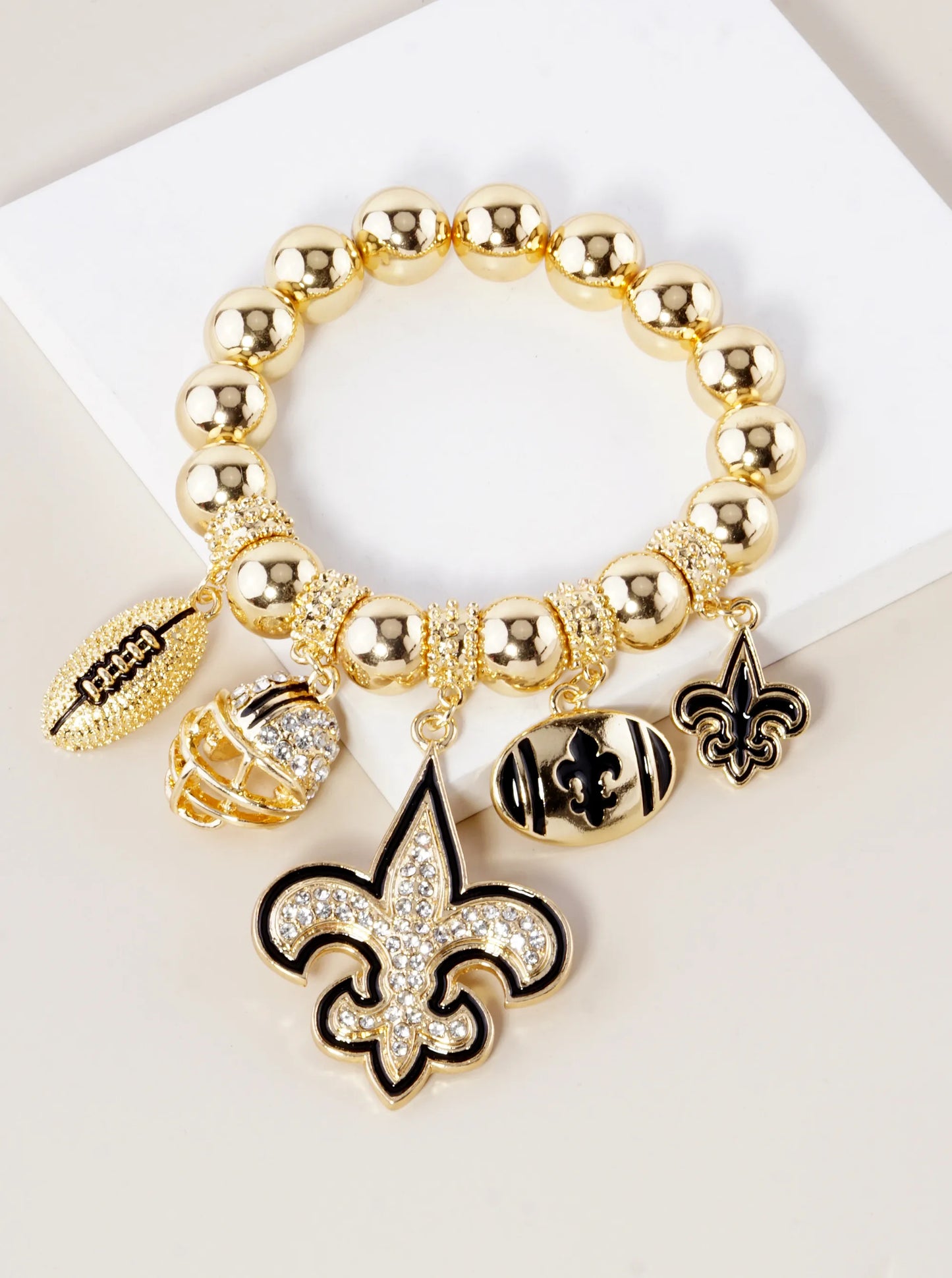 New Orleans Saints Fleur De Lis Rhinestone Football Stretch Bracelet