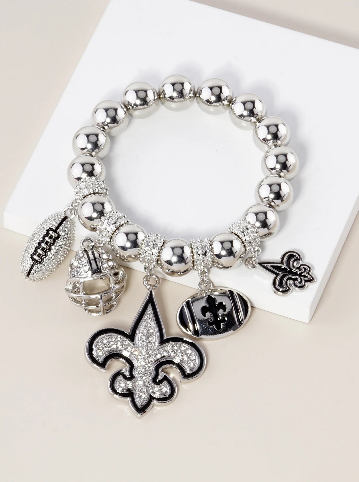 New Orleans Saints Fleur De Lis Rhinestone Football Stretch Bracelet