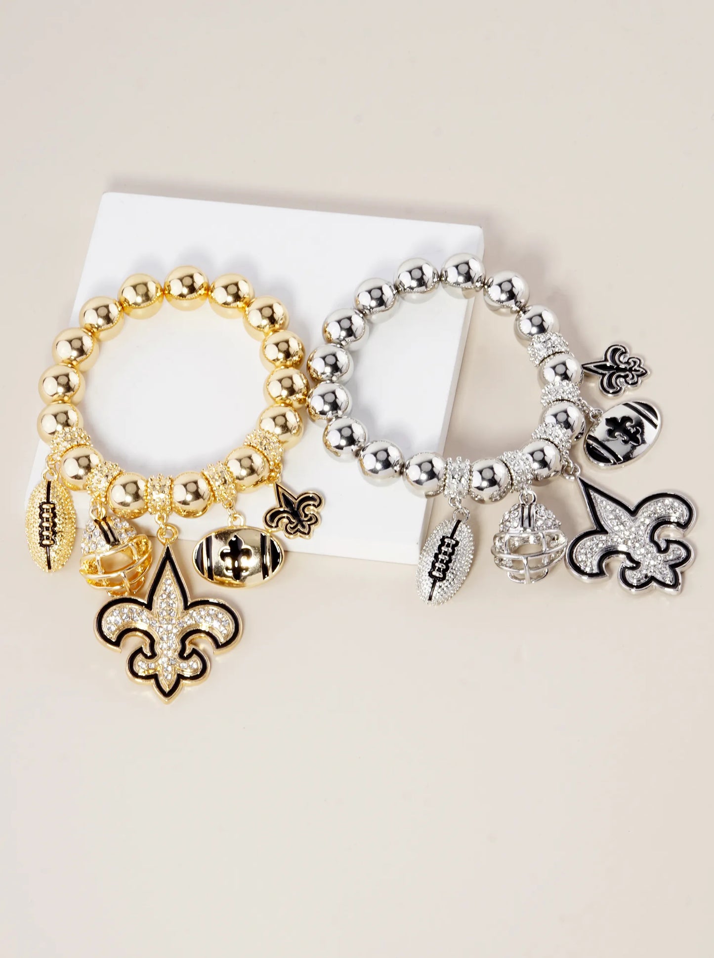 New Orleans Saints Fleur De Lis Rhinestone Football Stretch Bracelet