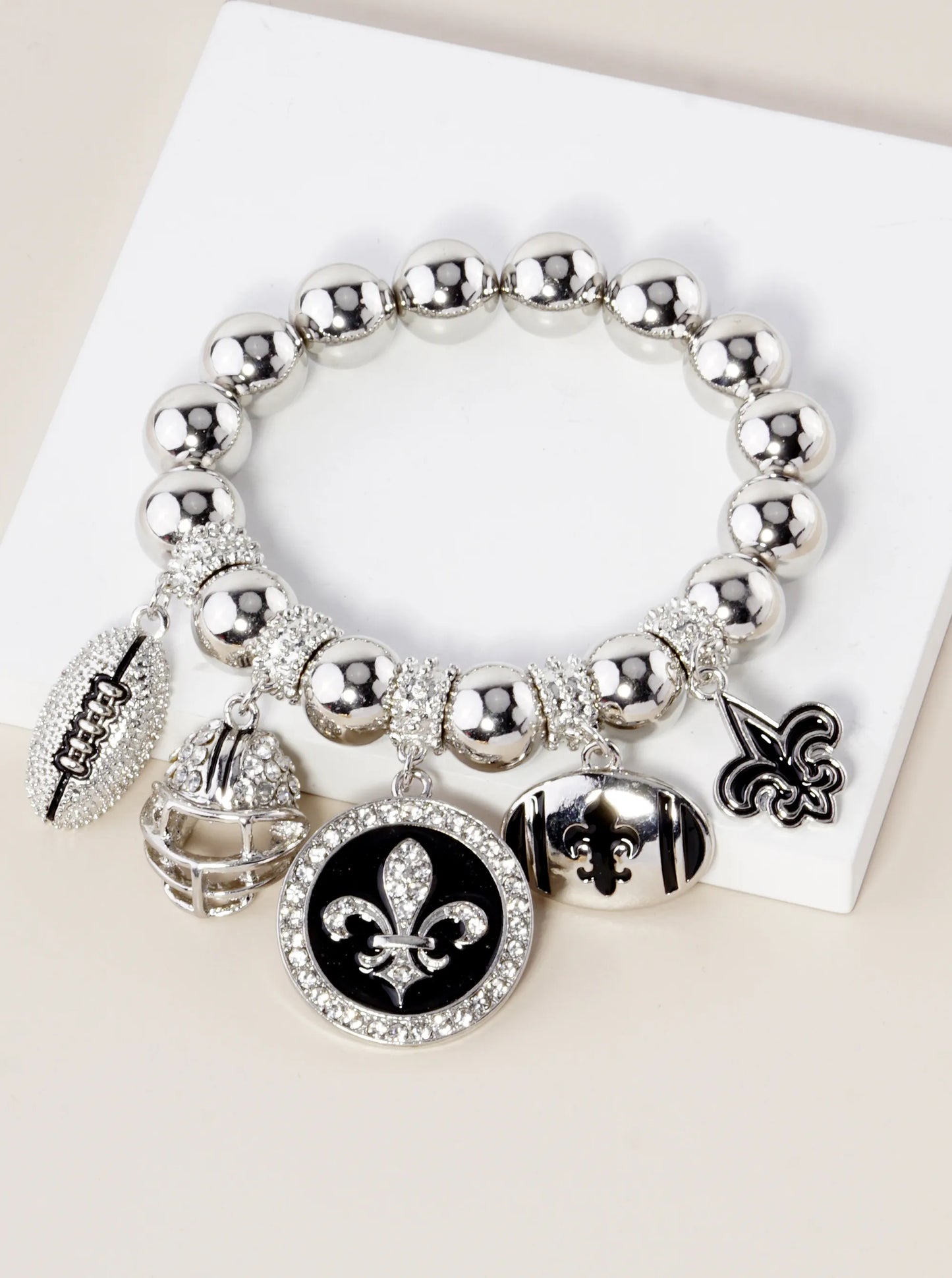 New Orleans Saints Fleur De Lis Rhinestone Football Stretch Bracelet