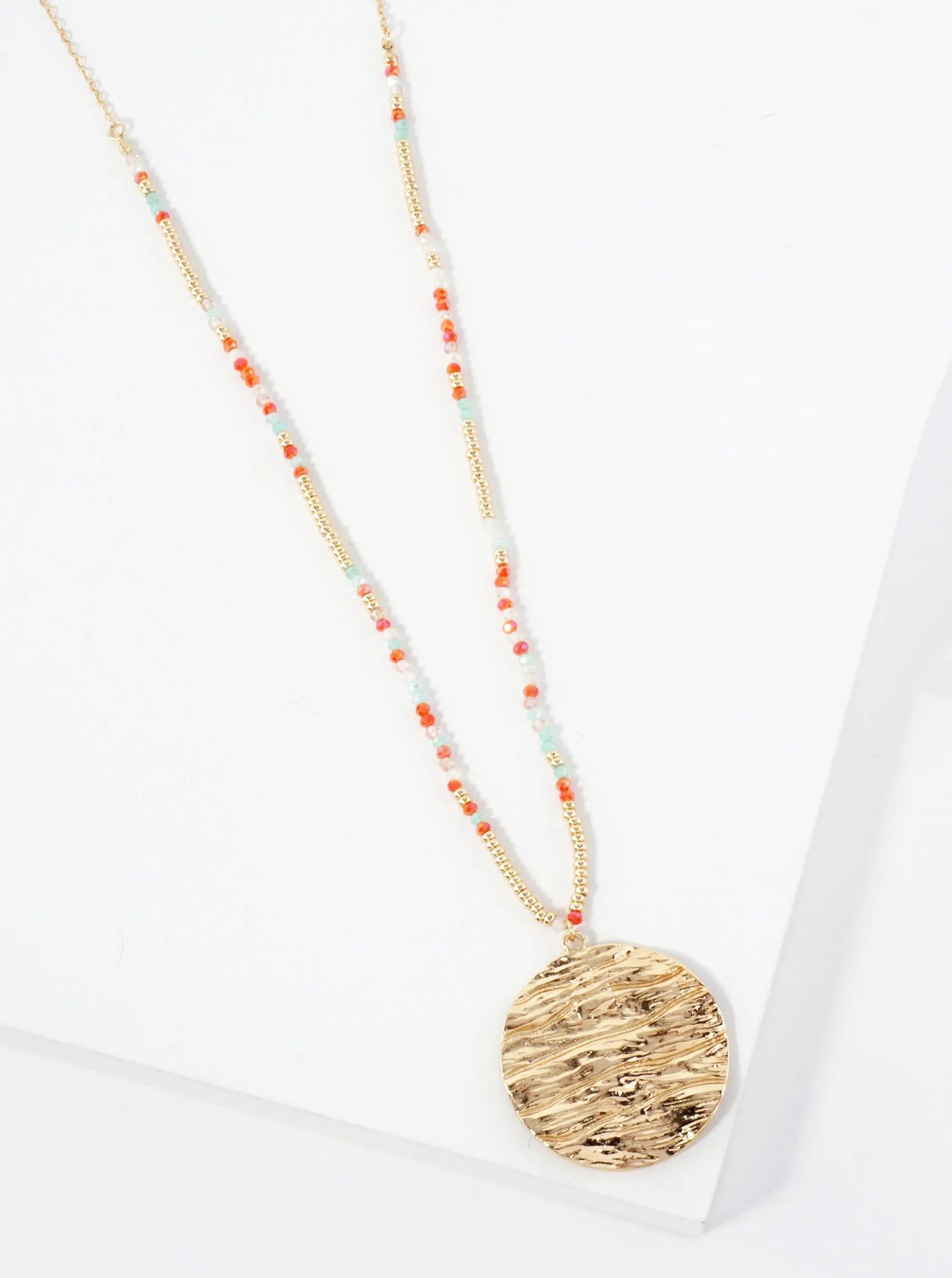 Ocean-Wave-Inspired Round Metal Pendant Glass Beaded 31-Inch Long Necklace