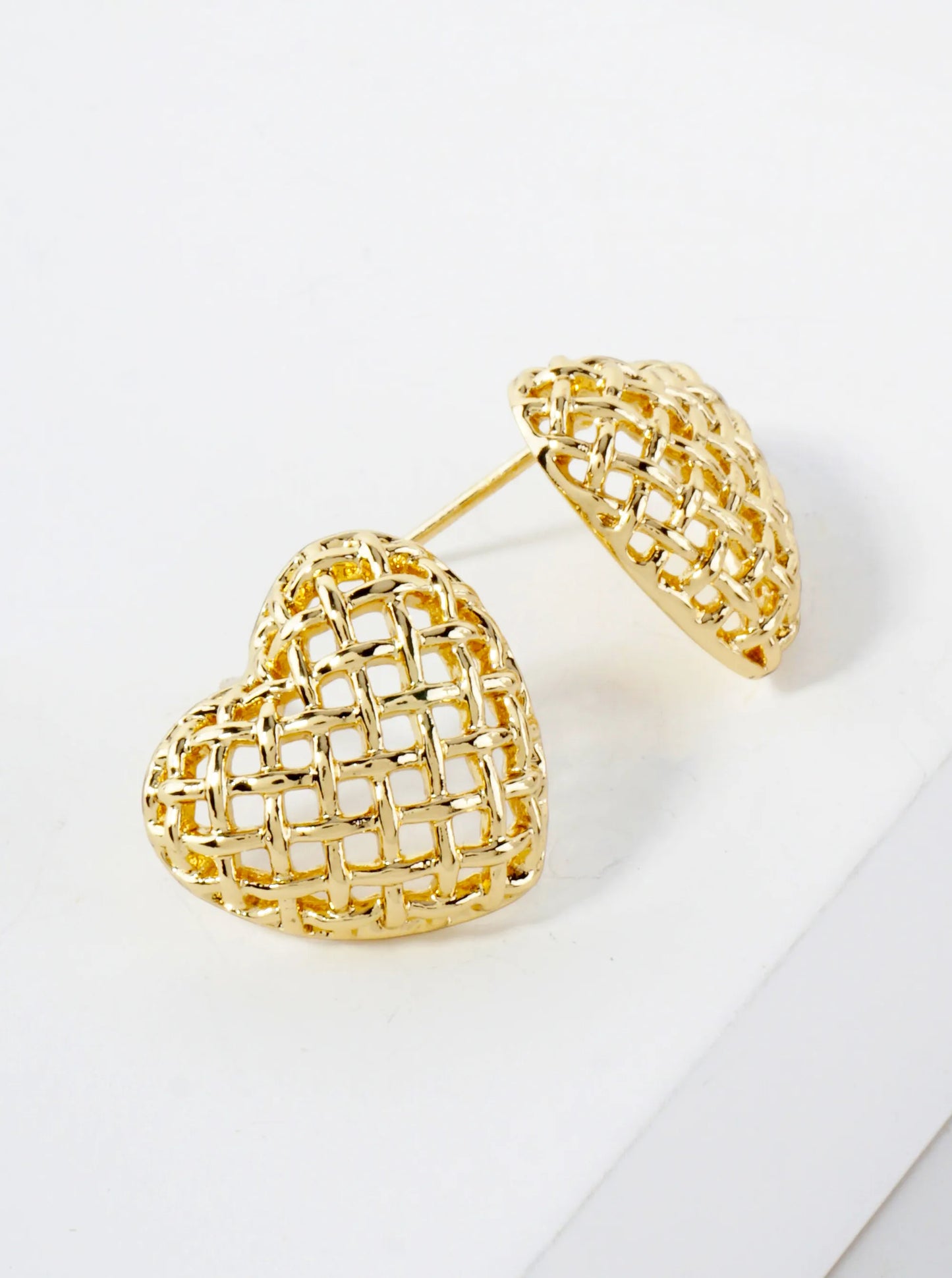 Open Lattice Design 14K-Gold-Dipped Brass 15mm Heart Button Stud Earrings
