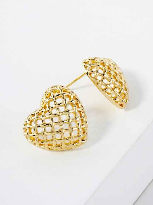Open Lattice Design 14K-Gold-Dipped Brass 15mm Heart Button Stud Earrings
