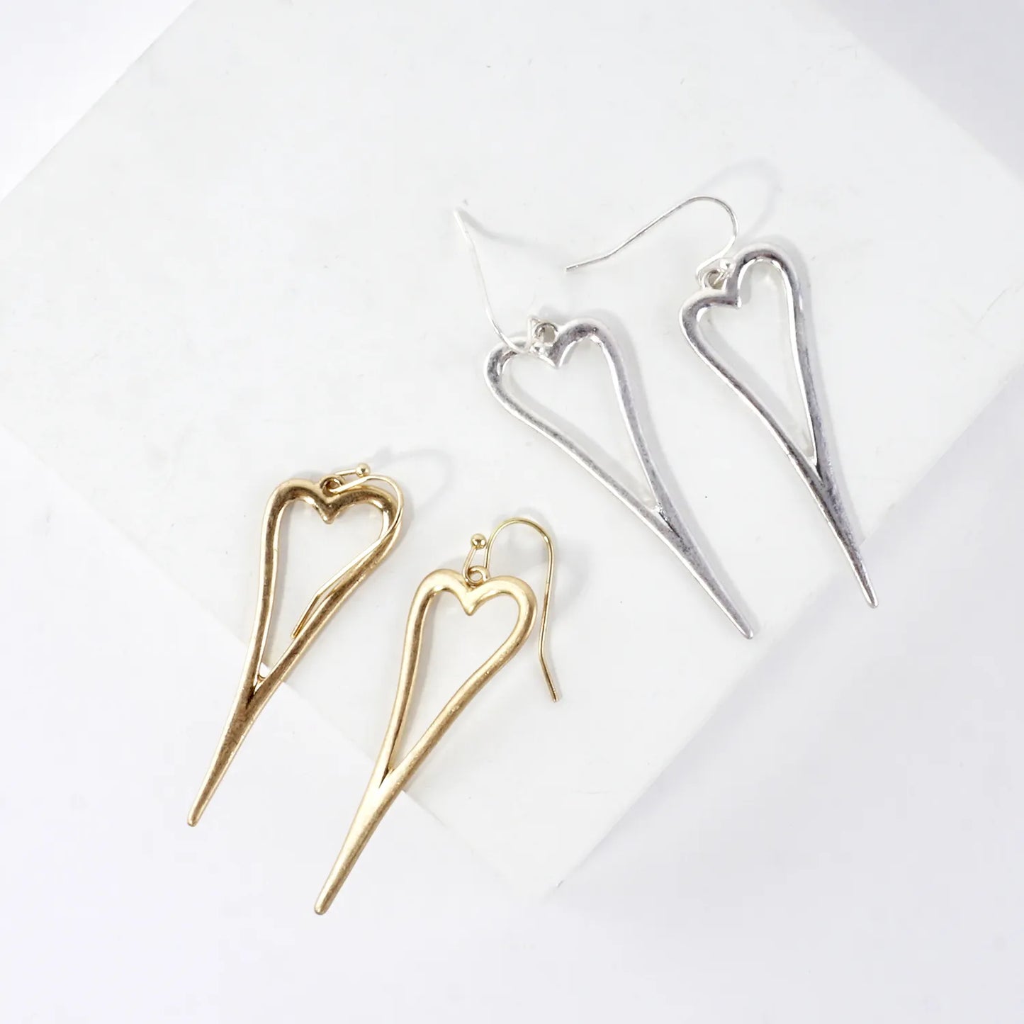 Organic Hammered Skinny Heart Dangle Earrings