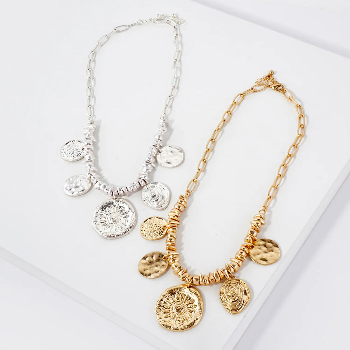 Organic-Hammered Sun And Spiral Charm Necklace