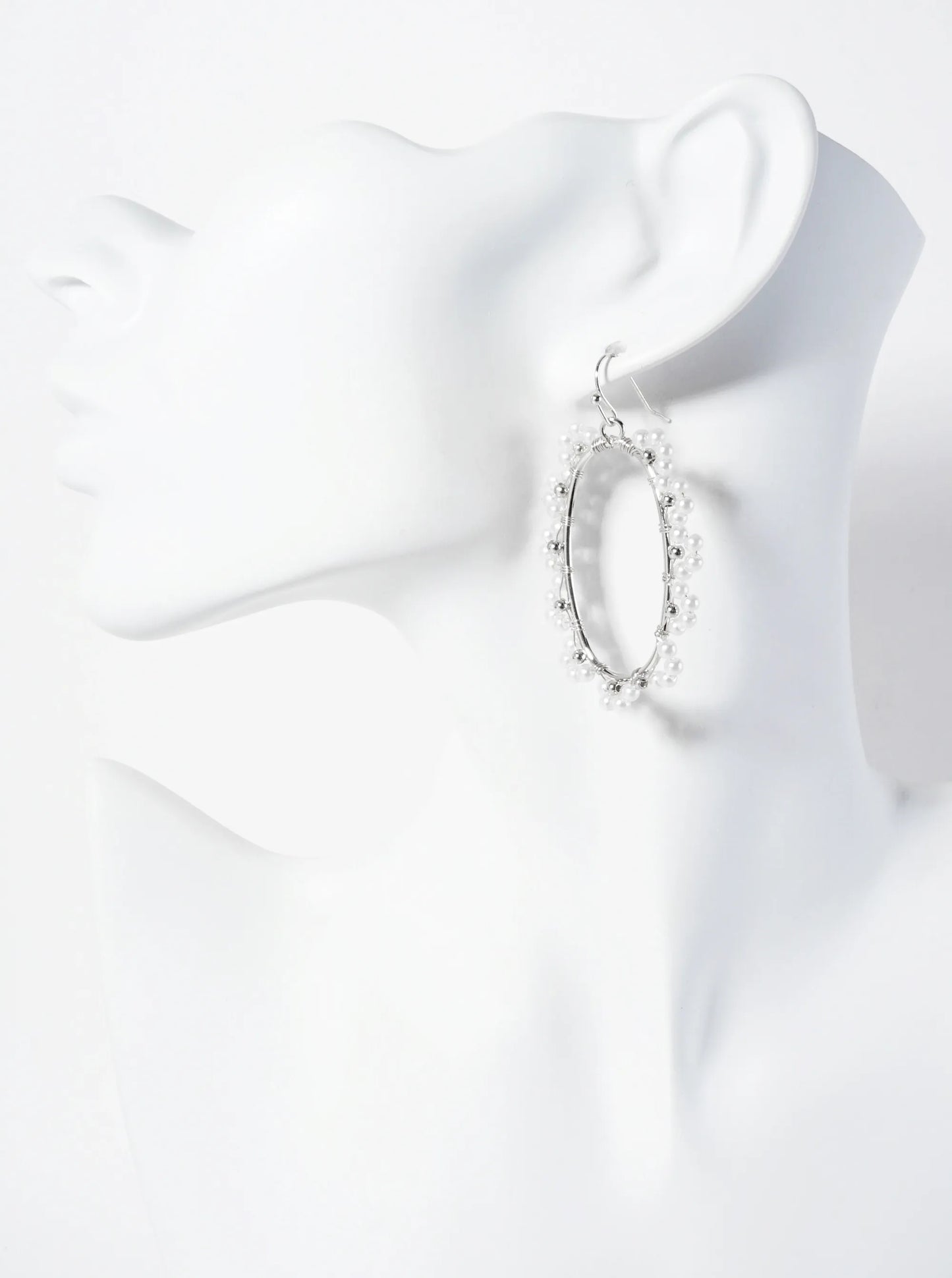 Oval Earrings With Wired-wrapped Flower-shaped Pearl Accents