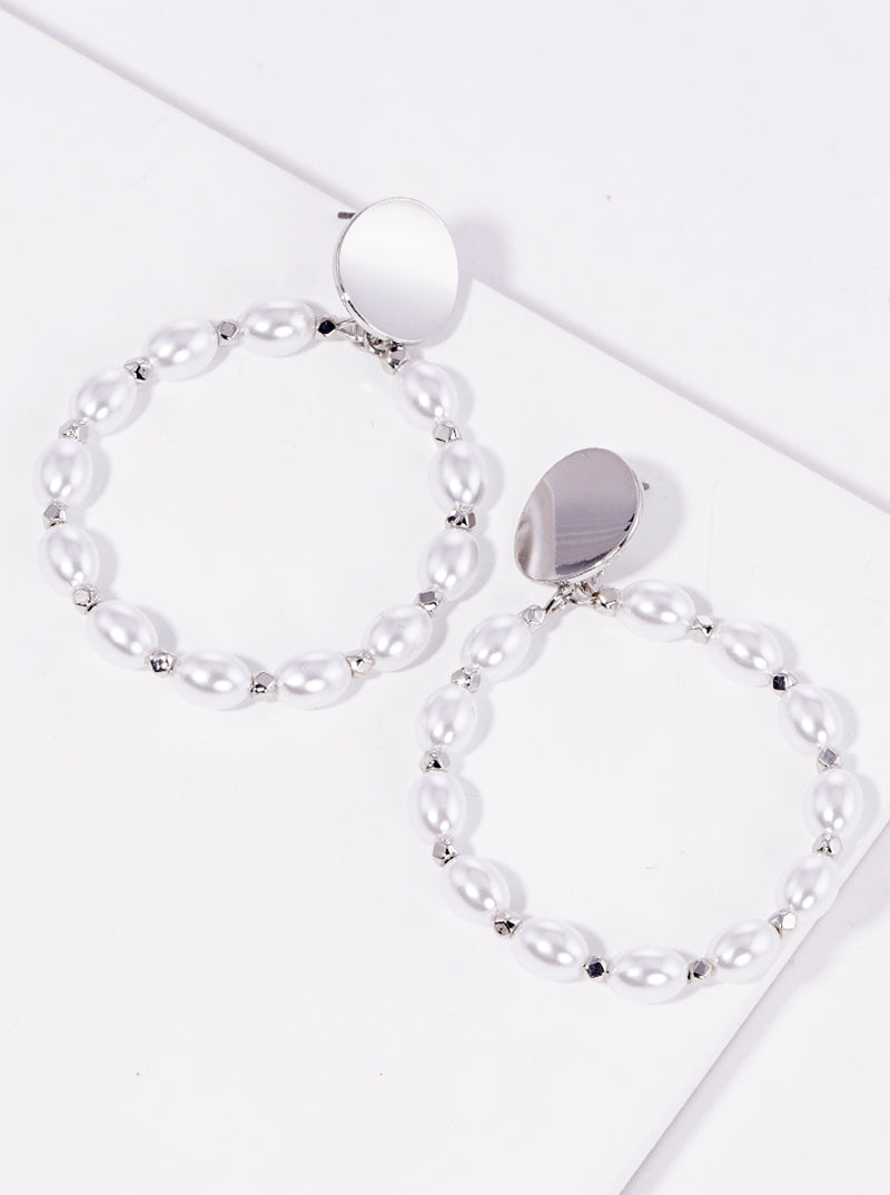 Oval Shaped Pearl Beaded Round Post Dangle Earrings