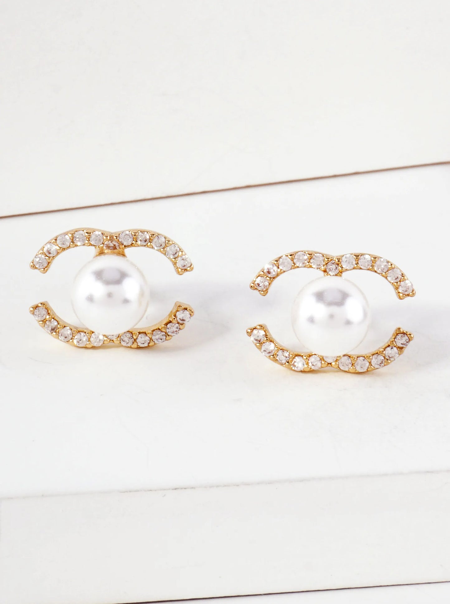 Overlapping C-Shaped Pave-Set CZ 14K-Gold-Dipped Stud Earrings