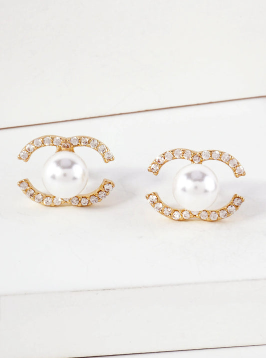 Overlapping C-Shaped Pave-Set CZ 14K-Gold-Dipped Stud Earrings