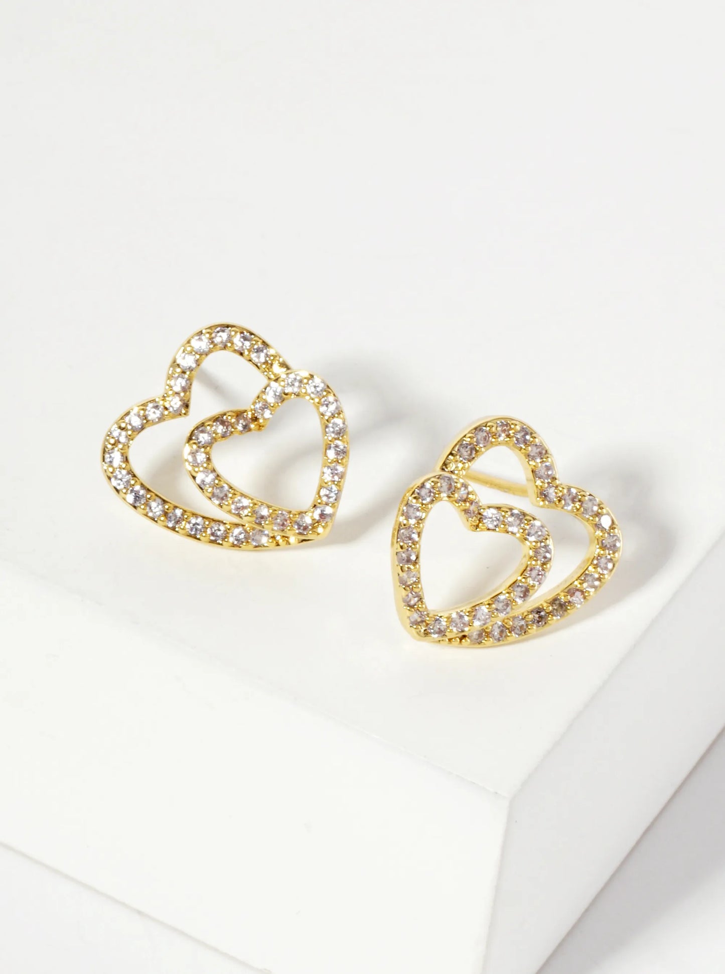 Overlapping Hearts Pave-Set Cubic-Zirconia 18K-Gold-Dipped Stud Earrings