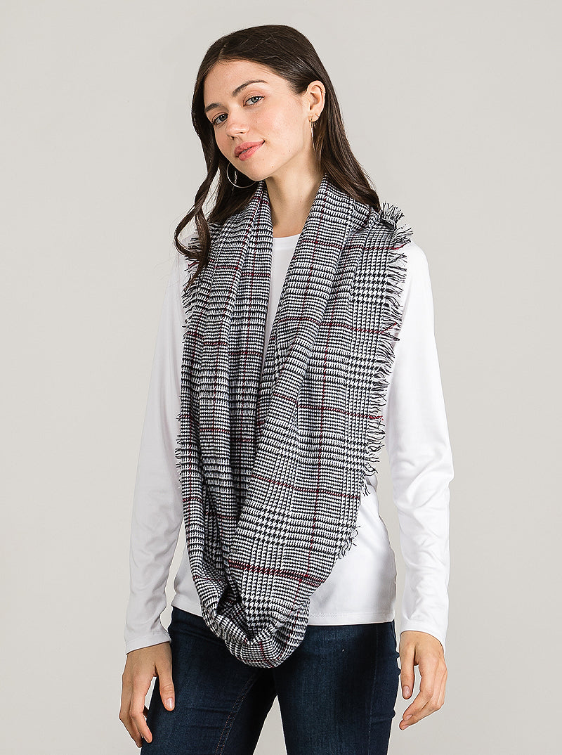 PLAID TARTAN DOUBLE LOOP INFINITY SCARF WITH FRINGE