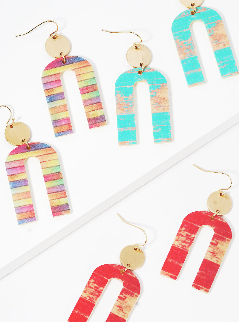 Painted Wood Arch Dangle Drop Earrings