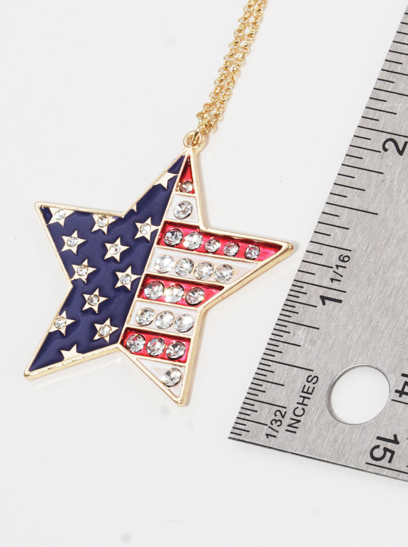 Patriotic-Theme Crystal-Pave US Flag Design Enamel Star Pendant 30-inch Long Necklace