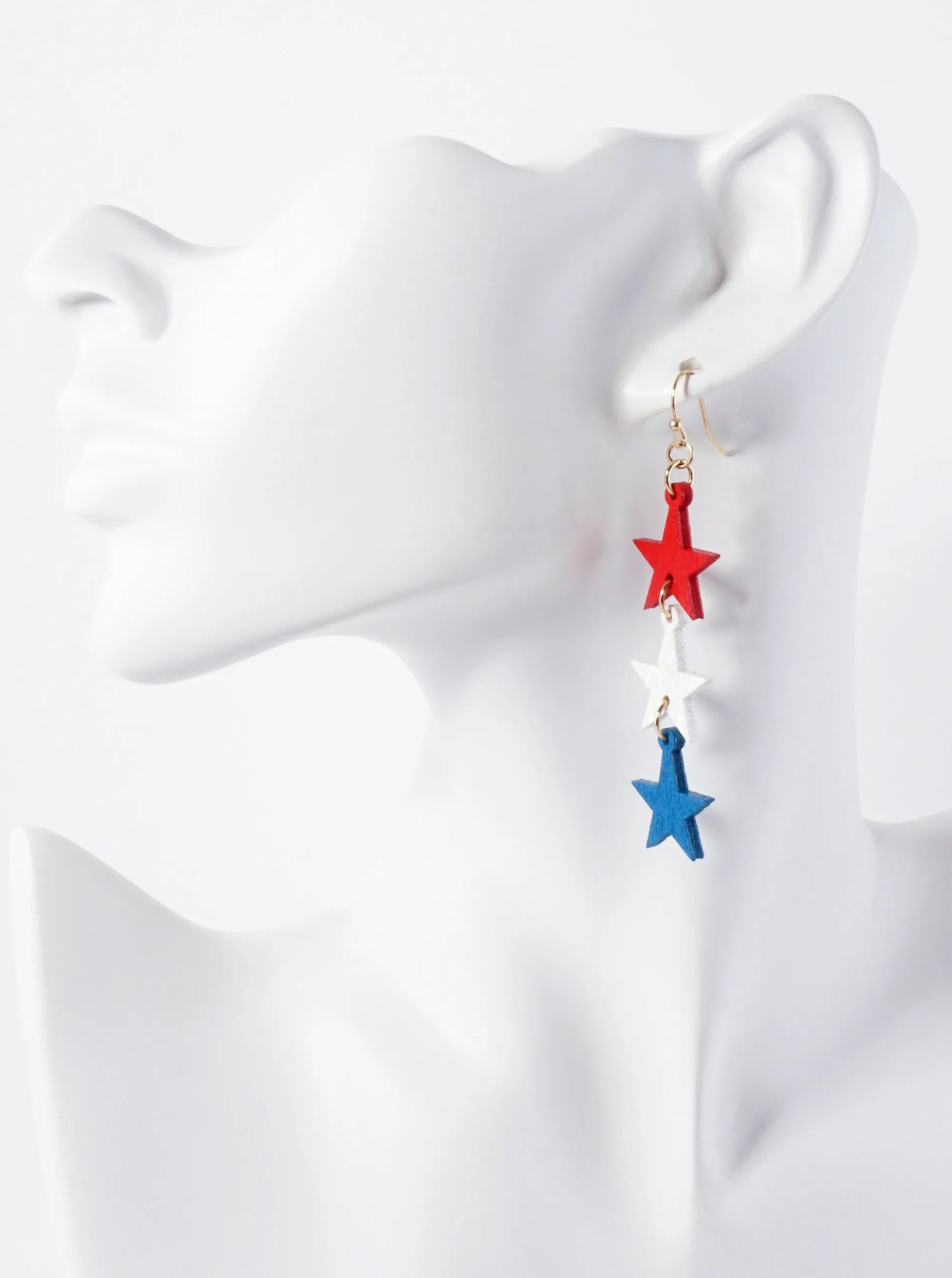 Patriotic-Theme Three Wooden Star Drop Dangle Earrings