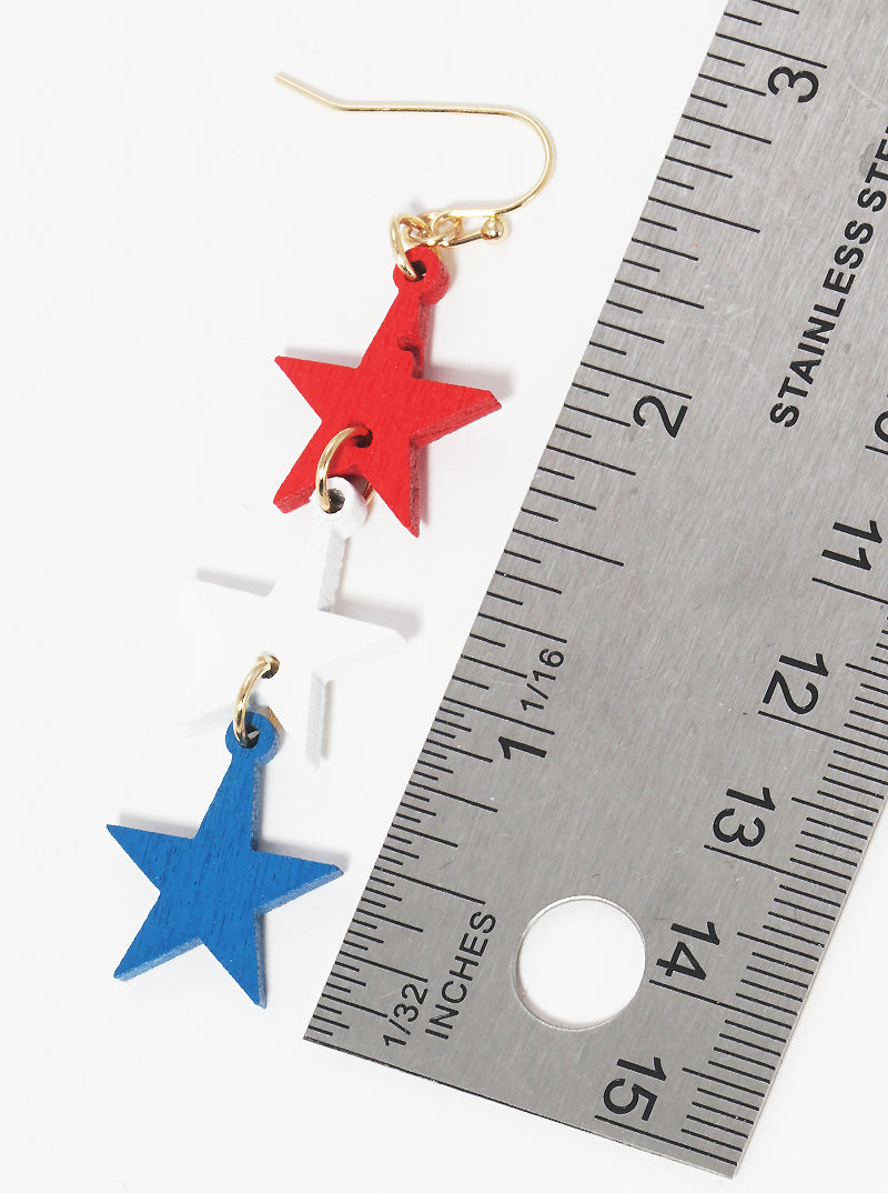 Patriotic-Theme Three Wooden Star Drop Dangle Earrings