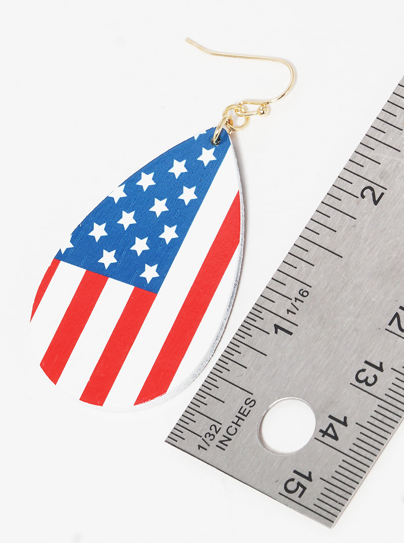 Patriotic-Theme Wooden Teardrop Dangle Drop Earrings