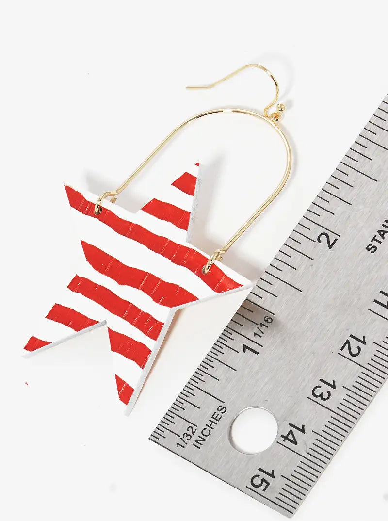 Patriotic Themed USA Wooden Star Dangle Drop Earrings