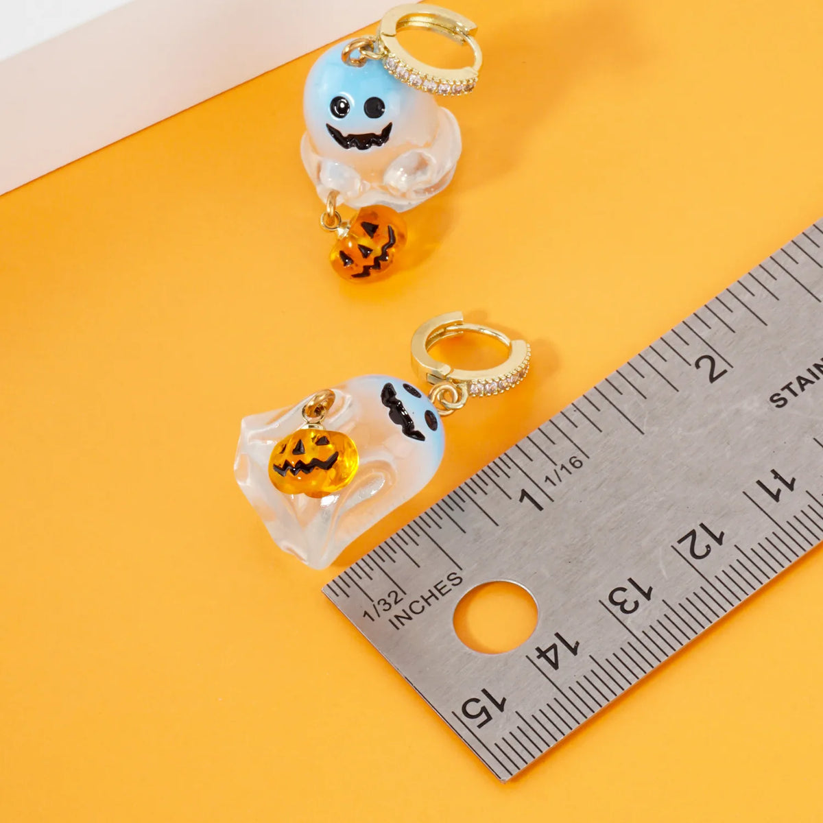Pave-Set CZ 10mm Huggie Hoop Earrings With Dangling Halloween Ghost