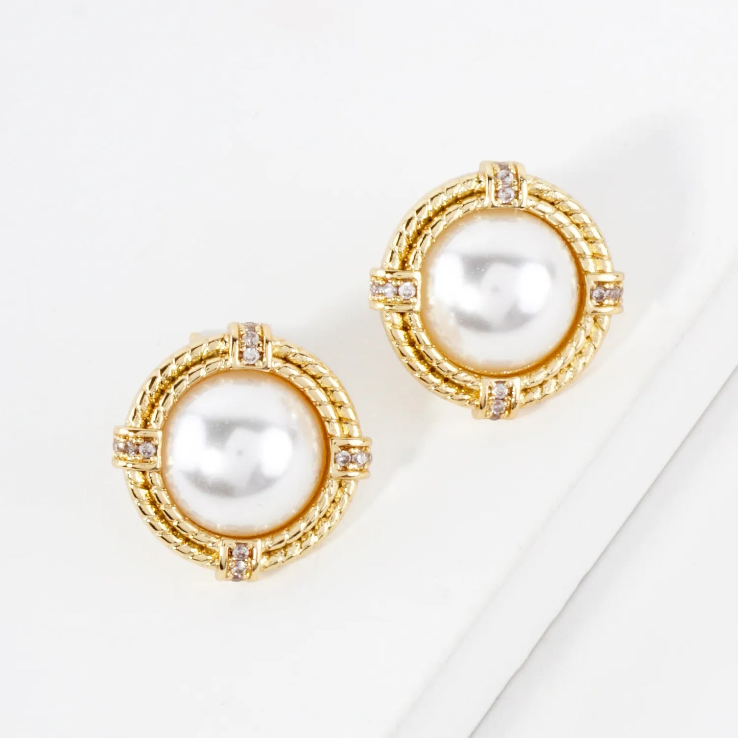 Pave-Set CZ 10mm Pearl 14K-Gold-Dipped Button Stud Earrings