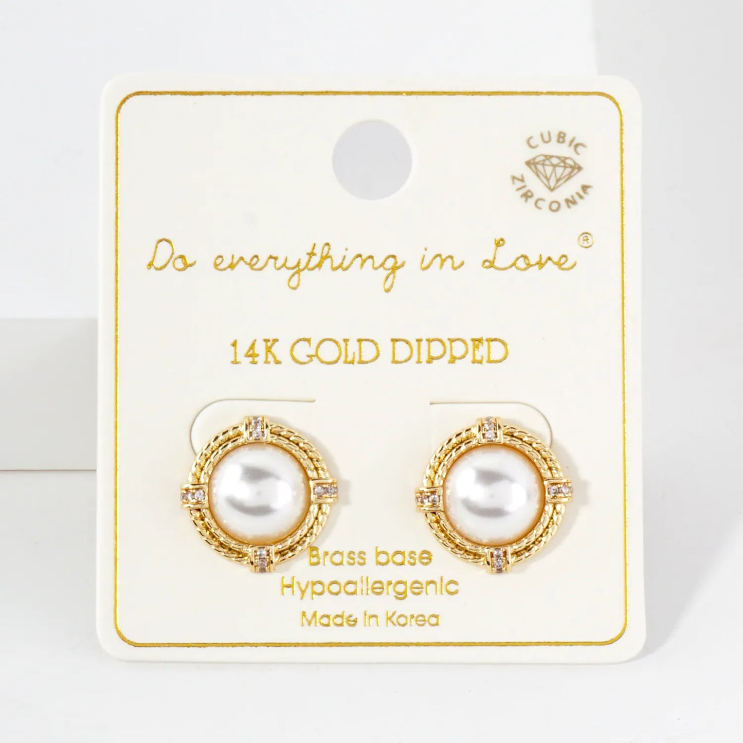 Pave-Set CZ 10mm Pearl 14K-Gold-Dipped Button Stud Earrings