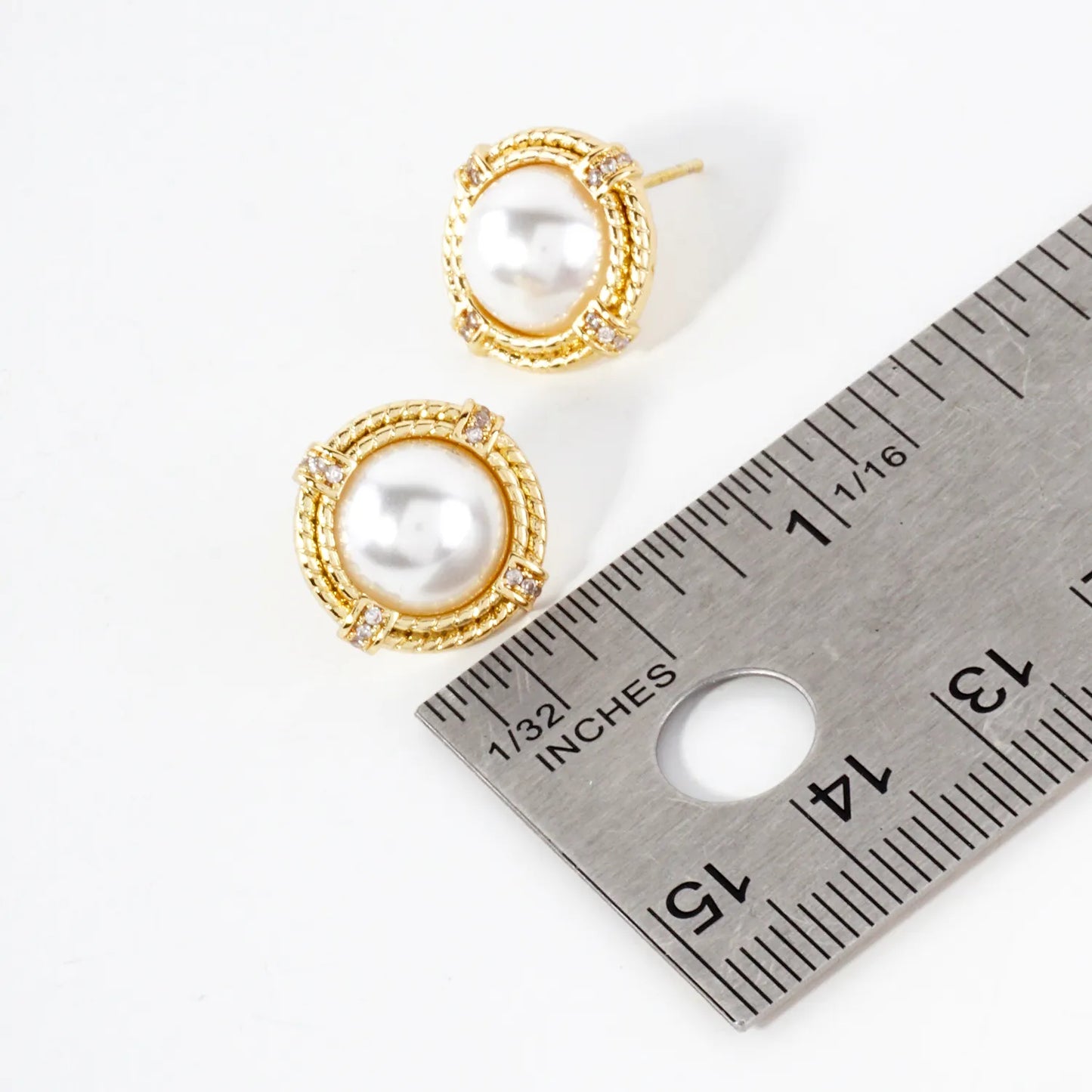 Pave-Set CZ 10mm Pearl 14K-Gold-Dipped Button Stud Earrings