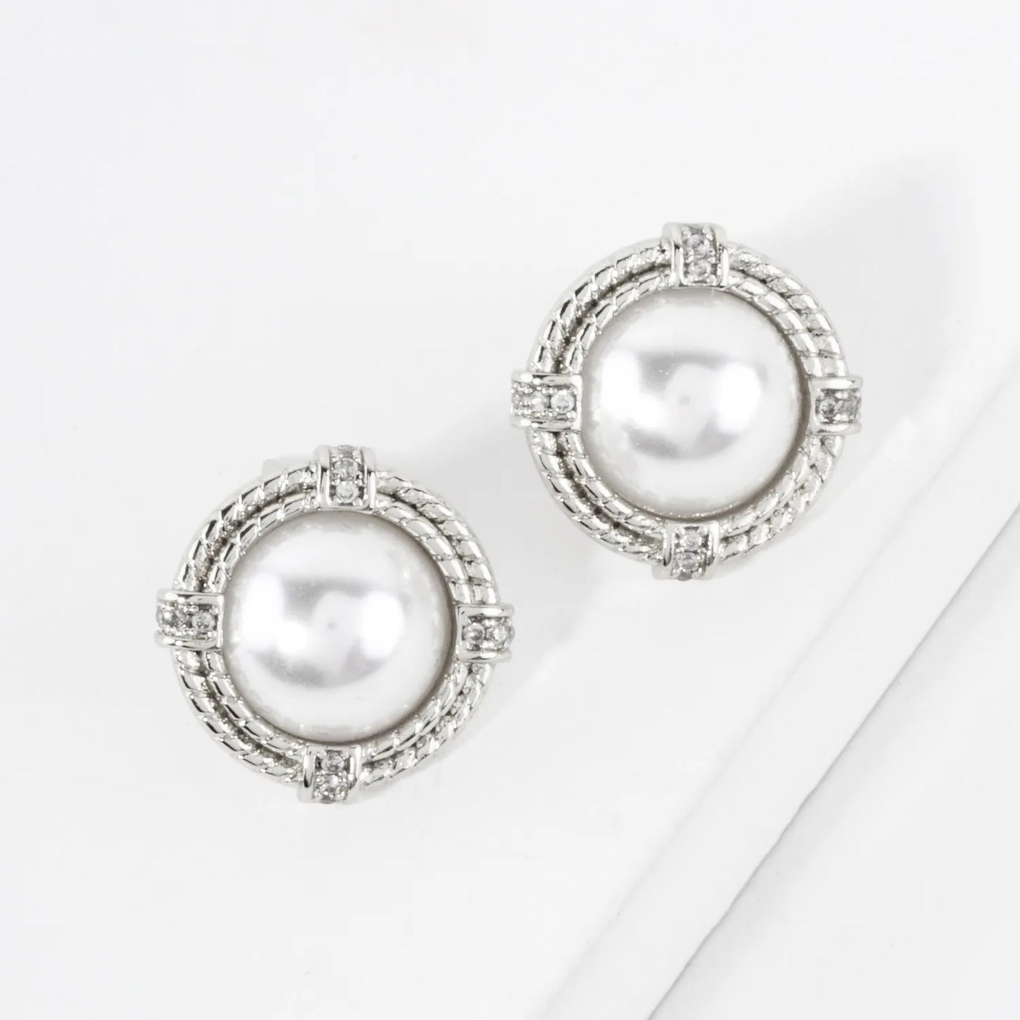 Pave-Set CZ 10mm Pearl 14K-Gold-Dipped Button Stud Earrings