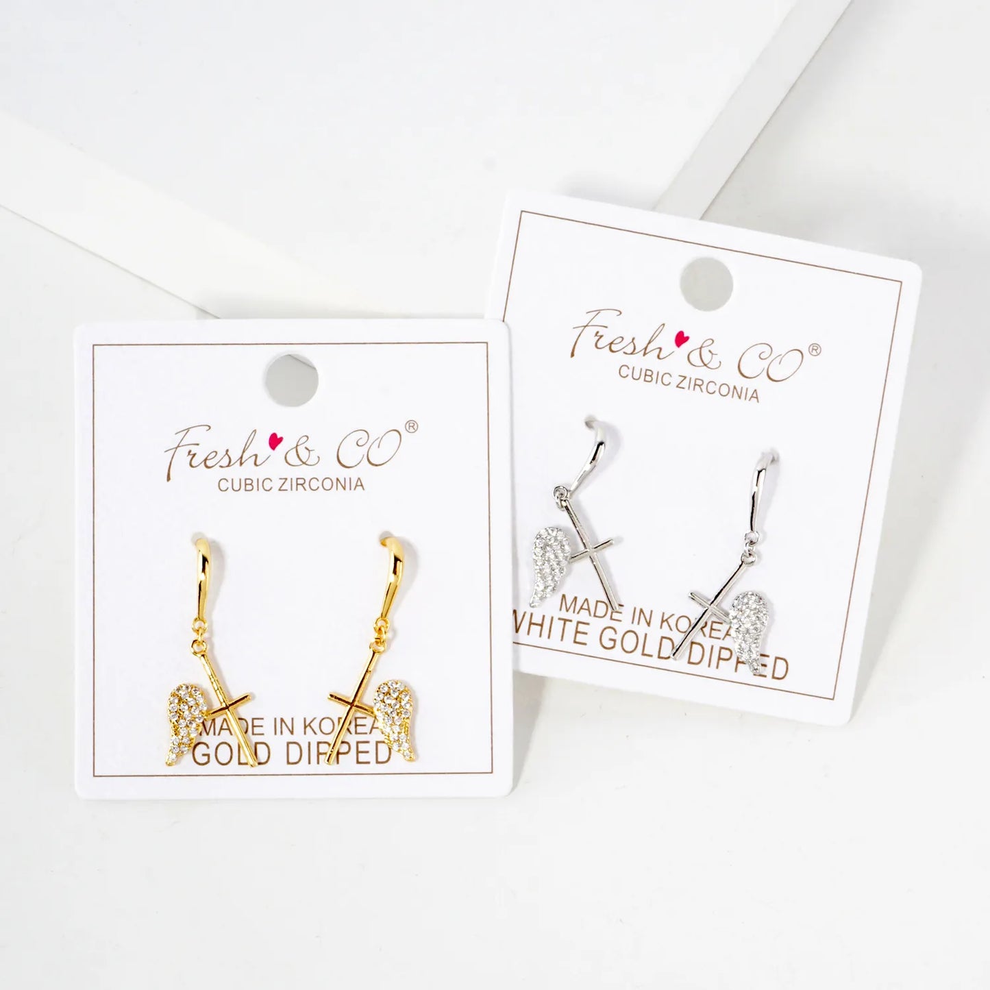 Pave-Set CZ Angel-Wing Cross Drop 18K-Gold-Dipped Brass Earrings