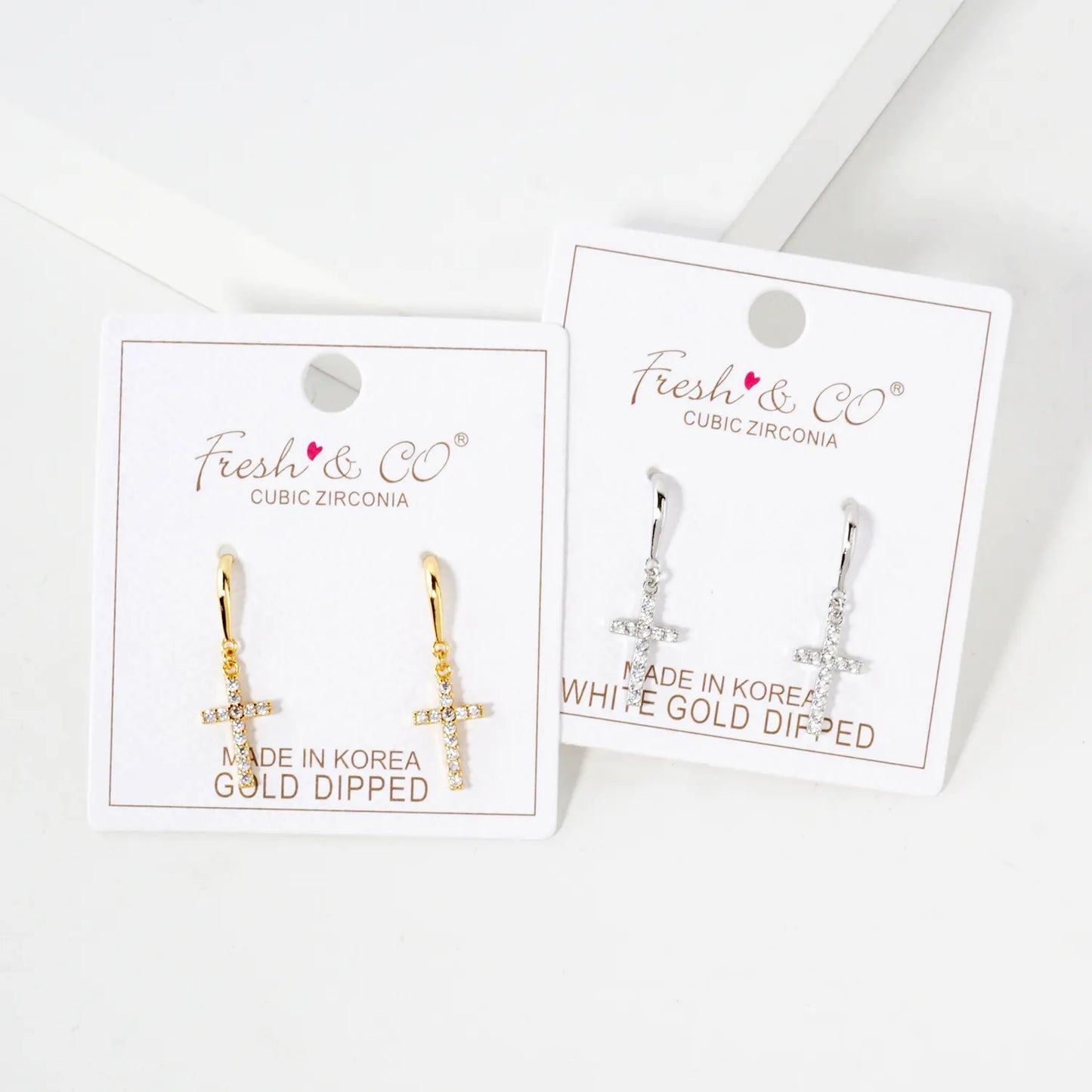 Pave-Set CZ Cross Drop 18K-Gold-Dipped Brass Earrings