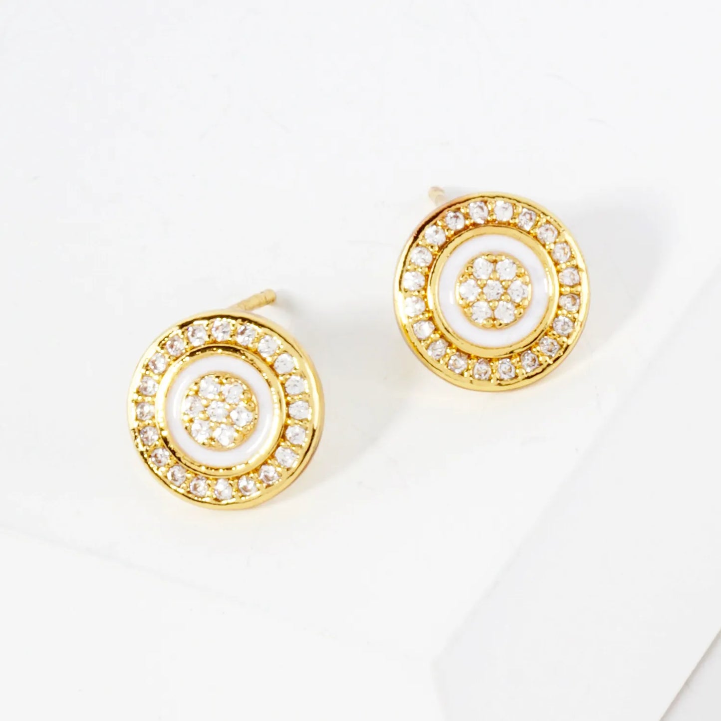 Pave-Set CZ Enamel 10mm 14K-Gold-Dipped Button Brass Stud Earrings