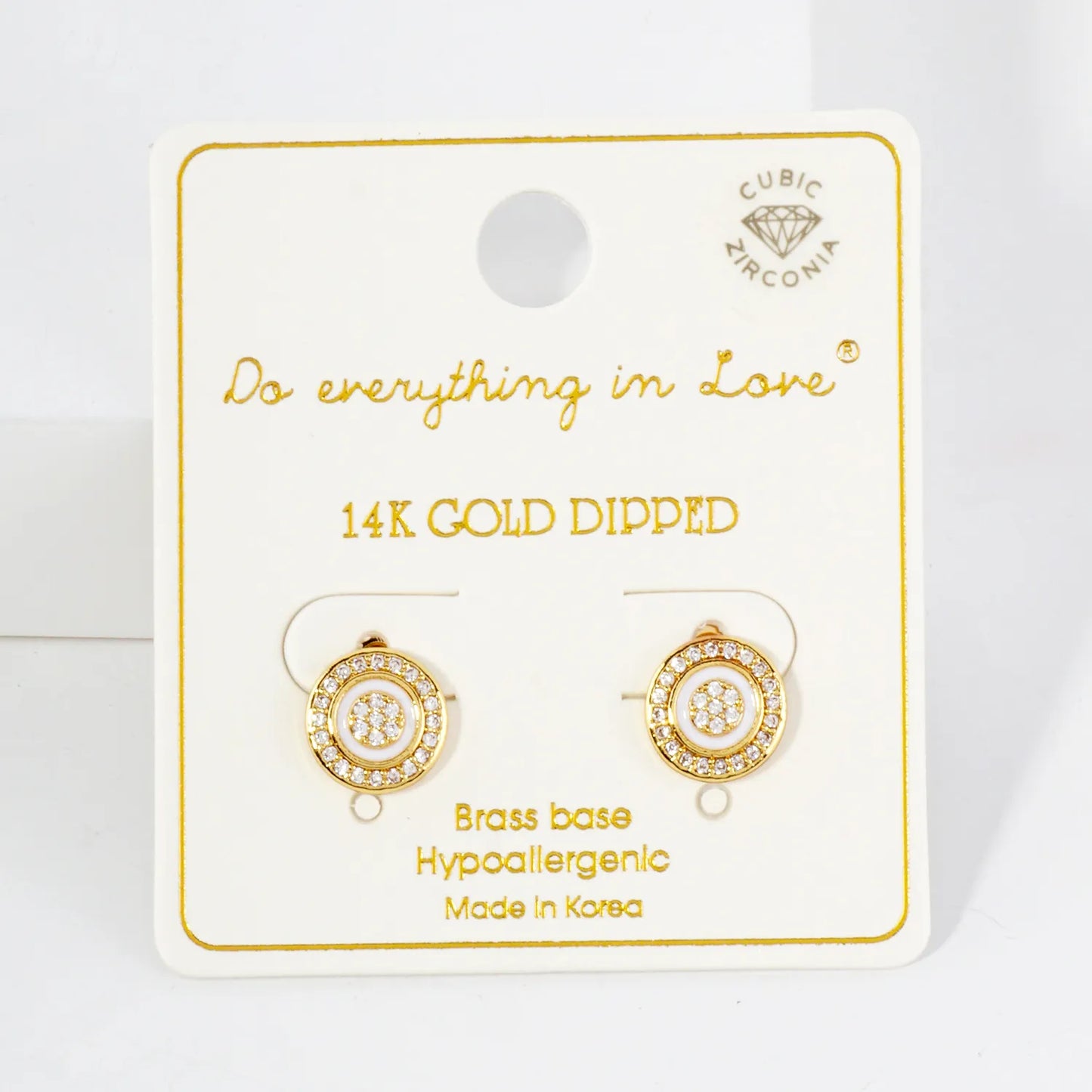 Pave-Set CZ Enamel 10mm 14K-Gold-Dipped Button Brass Stud Earrings