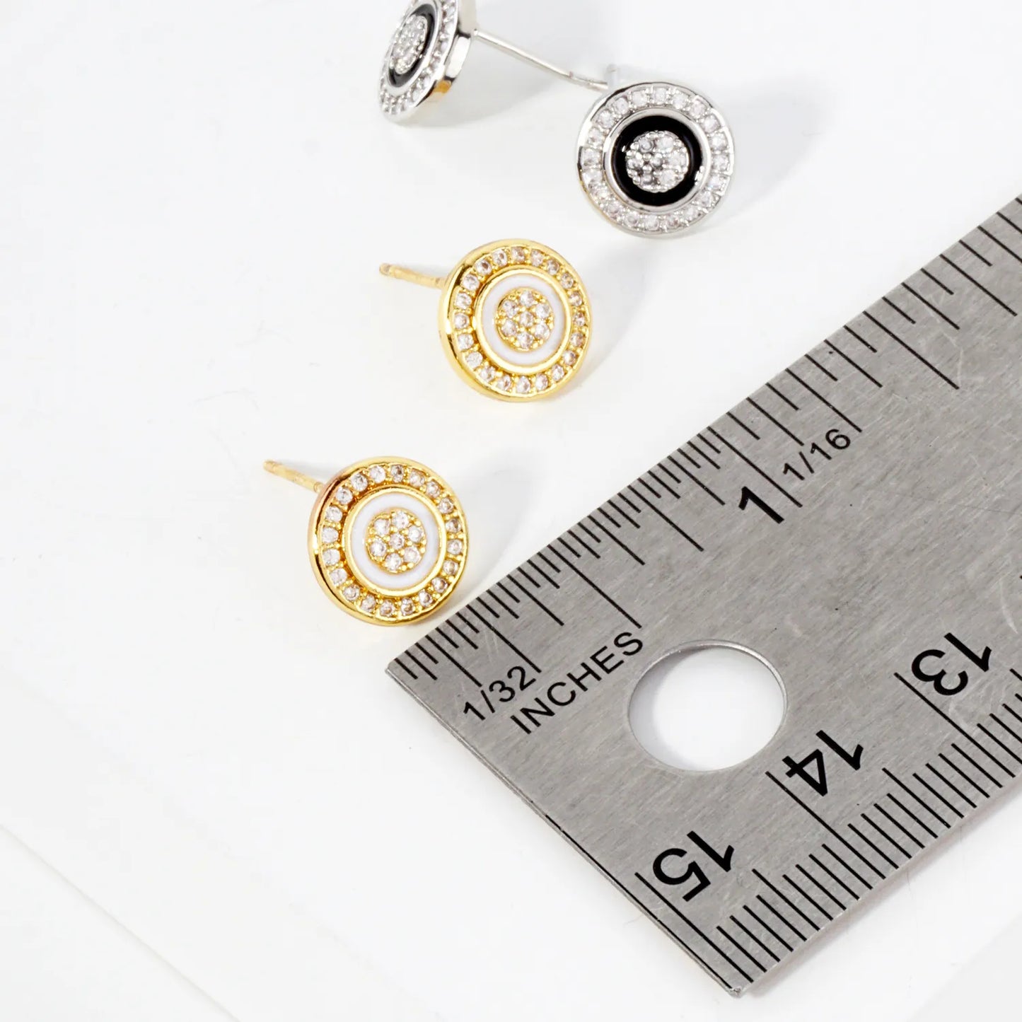 Pave-Set CZ Enamel 10mm 14K-Gold-Dipped Button Brass Stud Earrings