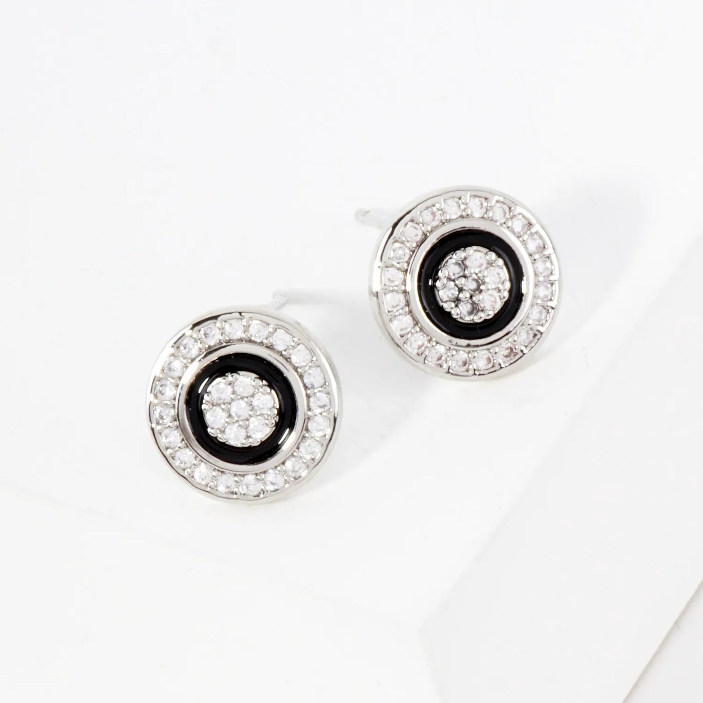 Pave-Set CZ Enamel 10mm 14K-Gold-Dipped Button Brass Stud Earrings