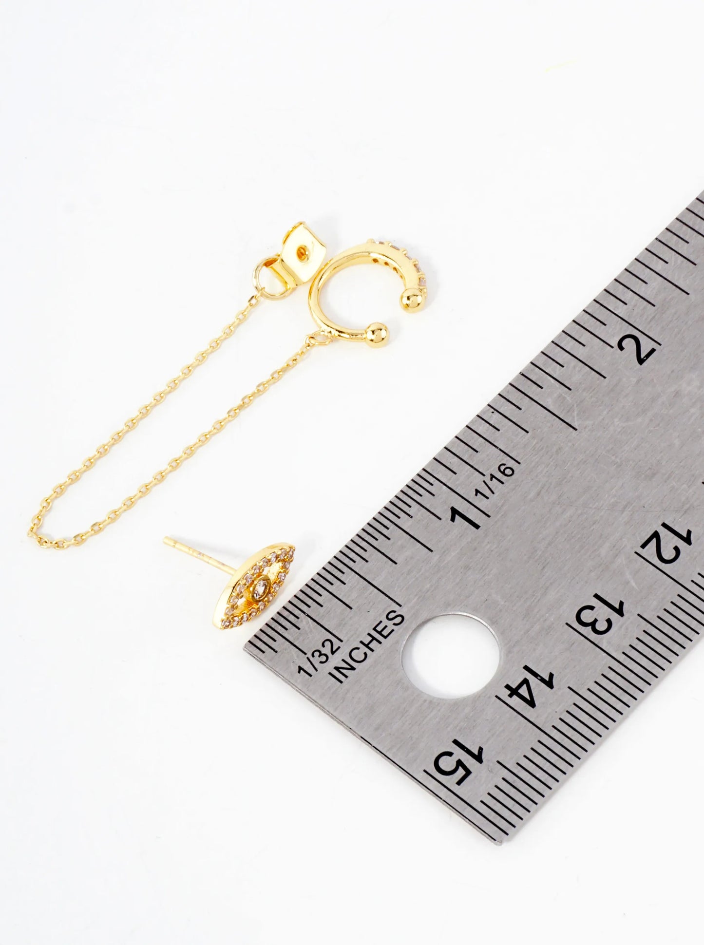 Pave-Set CZ Evil-Eye Stud And Ear Cuff Drape Chain 18K-Gold-Dipped Earring Set
