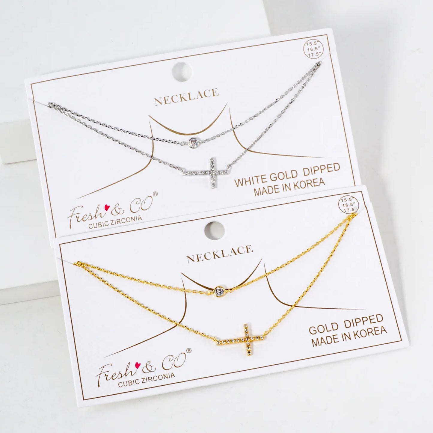 Pave-Set CZ Sideways Cross Pendant 18K-Gold-Dipped Layered Necklace