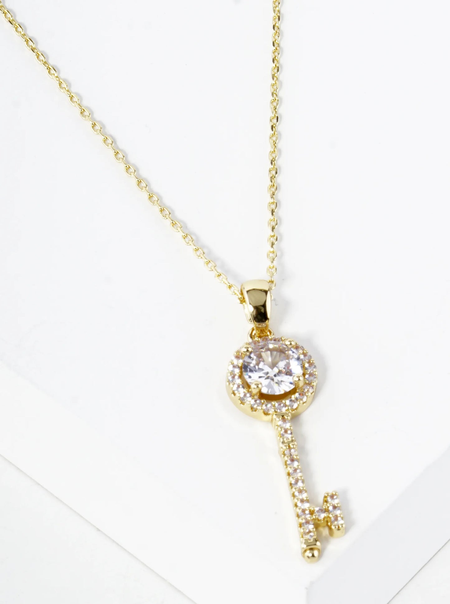 Pave Set Cubic Zirconia 1 Inch Key Pendant Necklace