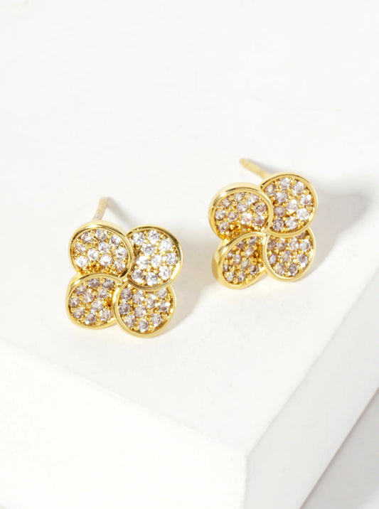 Pave-Set Cubic-Zirconia 10mm Quatrefoil 18K-Gold-Dipped Stud Earrings